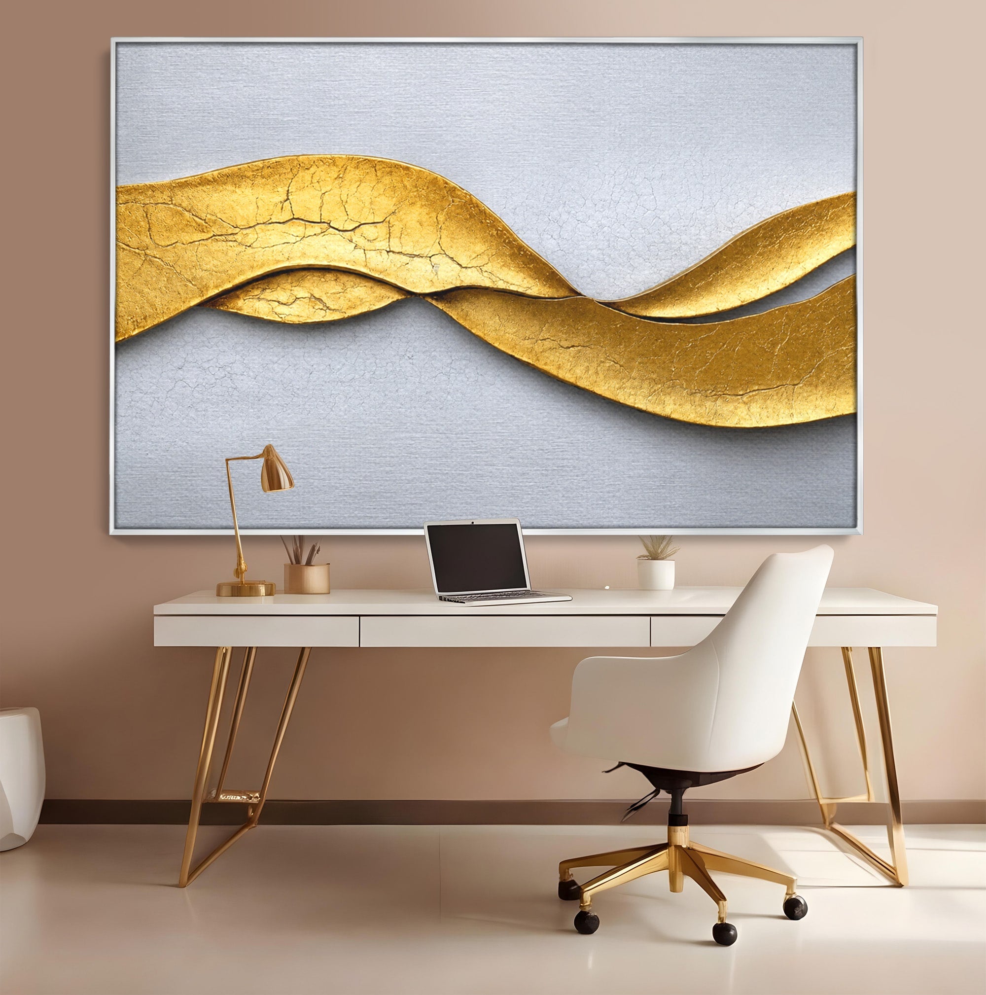 Tablou Canvas Premium LuxCanva® C1349, Curbe Aurii Abstracte, Abstract, Modern, Auriu, Textura, Birou, Culori Vibrante