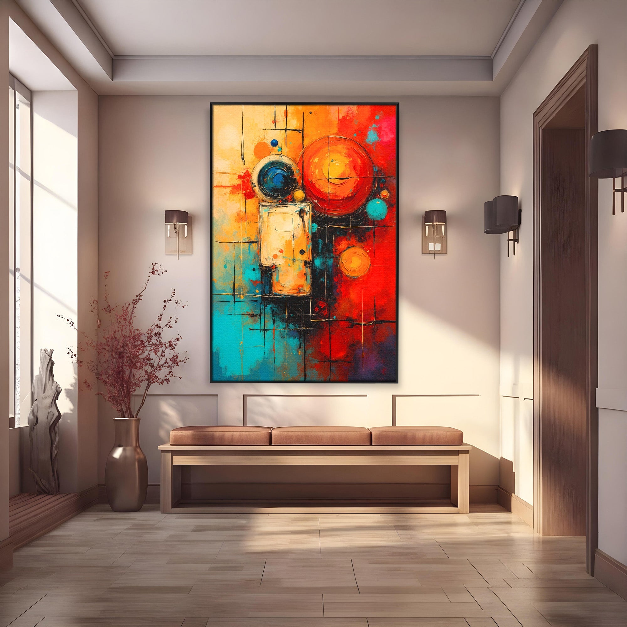 Tablou Canvas Premium LuxCanva® C1358, Compozitie Abstrata Cu Cercuri, Abstract, Cercuri, Modern, Arta, Birou, Culori Vibrante