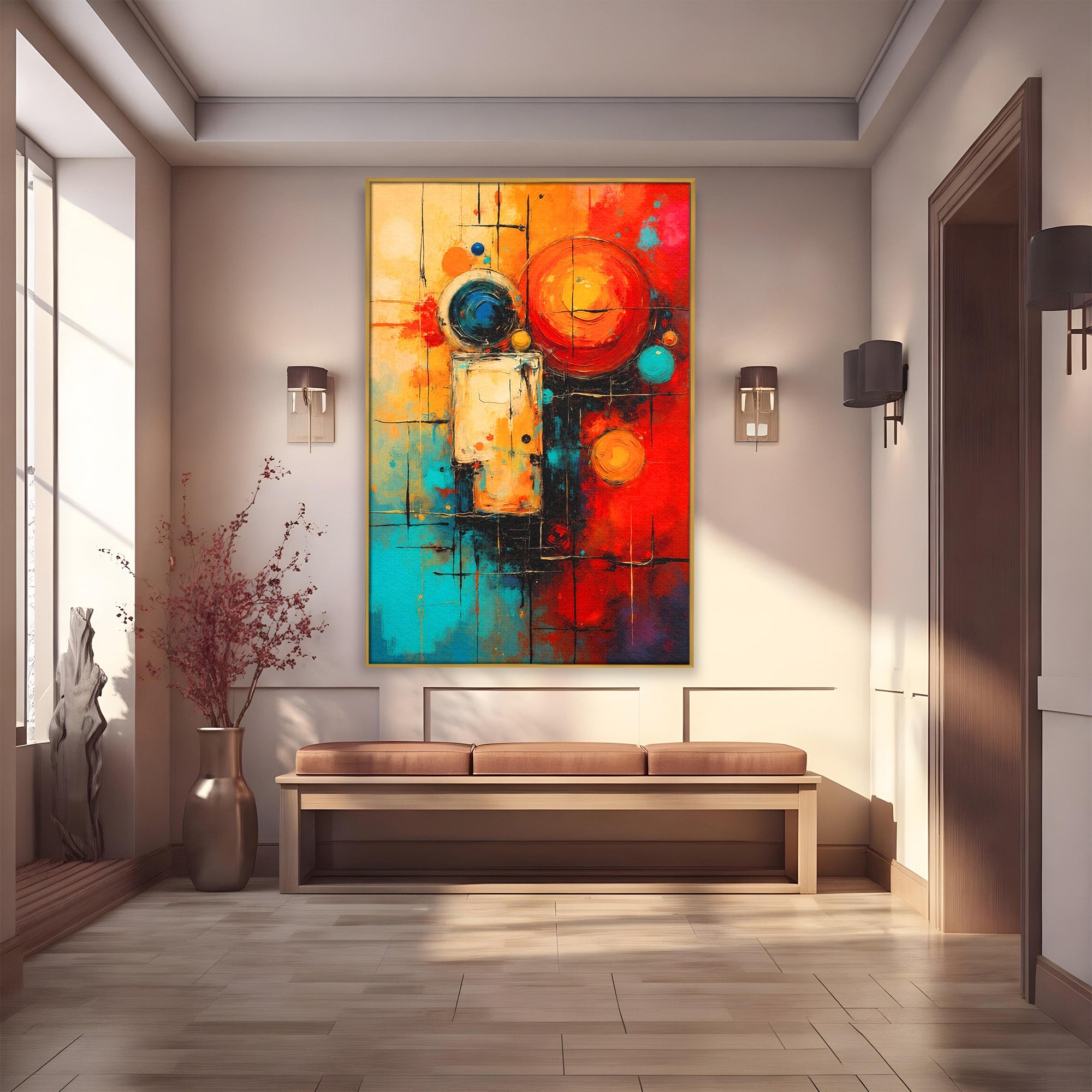 Tablou Canvas Premium LuxCanva® C1358, Compozitie Abstrata Cu Cercuri, Abstract, Cercuri, Modern, Arta, Birou, Culori Vibrante