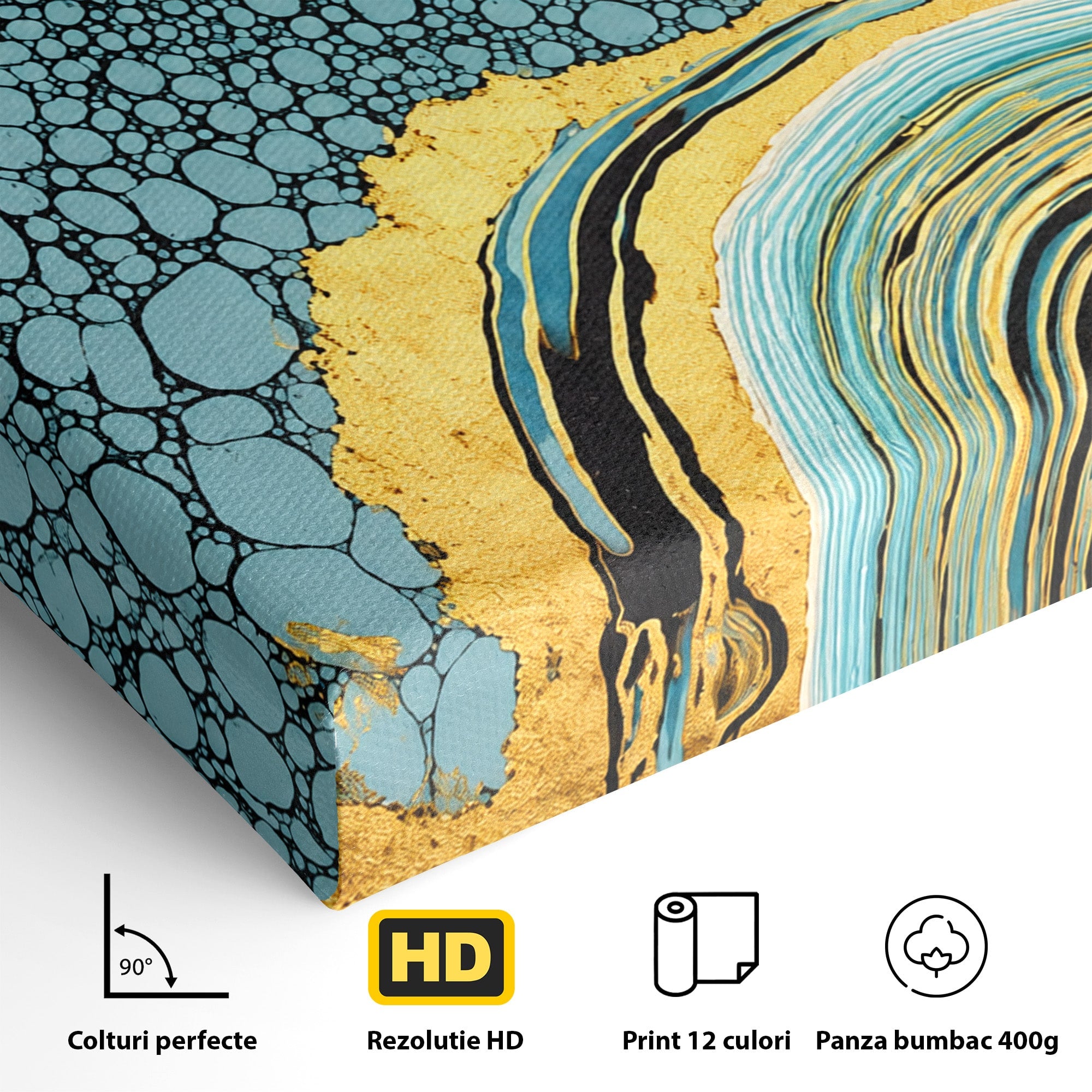 Tablou Canvas Premium LuxCanva® C1366, Flux Abstract Auriu, Abstract, Textura, Auriu, Albastru, Modern, Living, Birou, Culori Vibrante