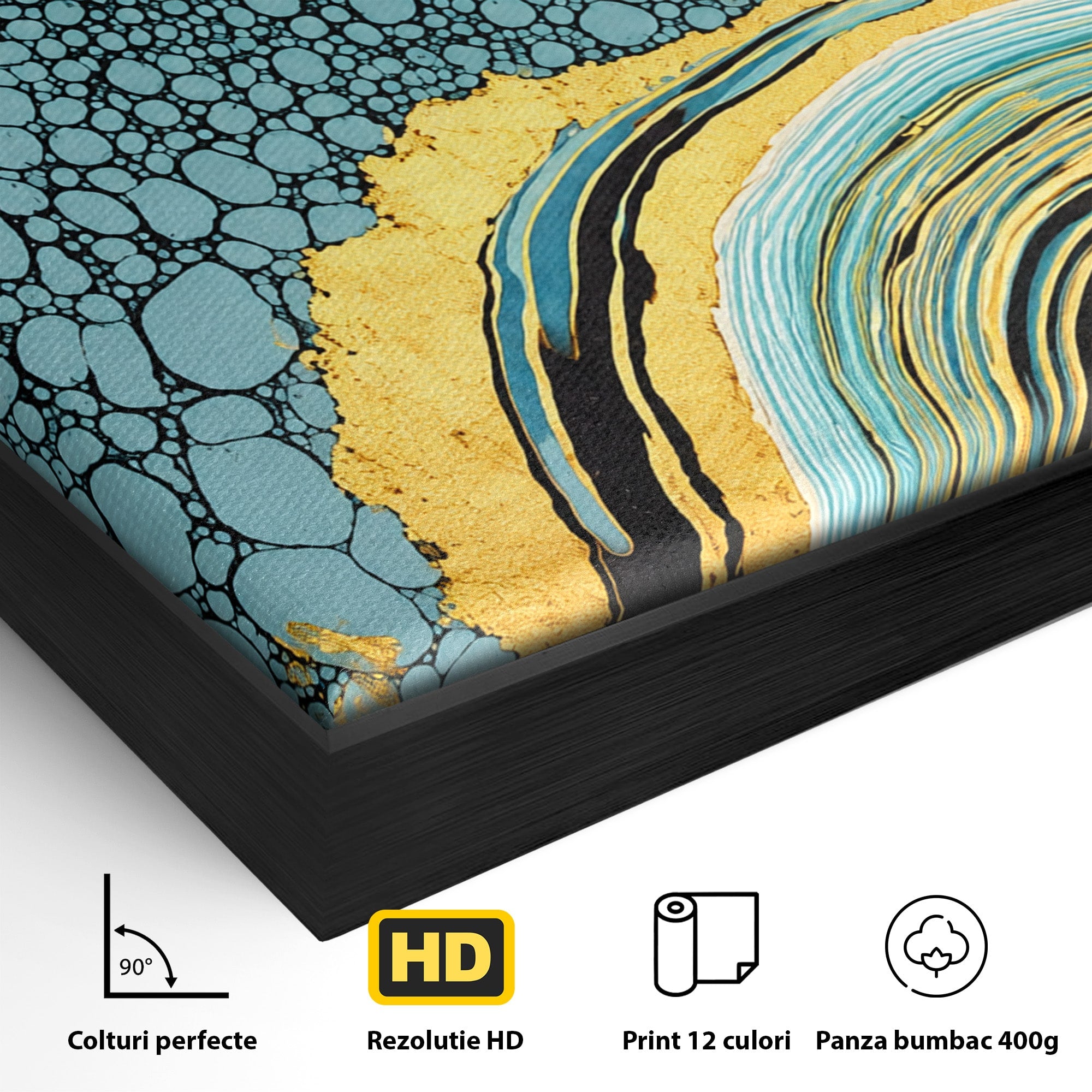 Tablou Canvas Premium LuxCanva® C1366, Flux Abstract Auriu, Abstract, Textura, Auriu, Albastru, Modern, Living, Birou, Culori Vibrante