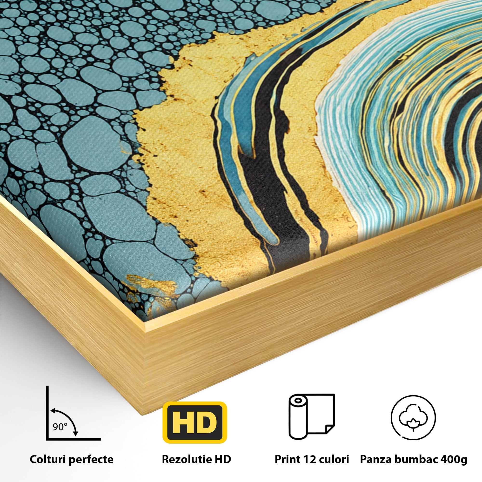 Tablou Canvas Premium LuxCanva® C1366, Flux Abstract Auriu, Abstract, Textura, Auriu, Albastru, Modern, Living, Birou, Culori Vibrante
