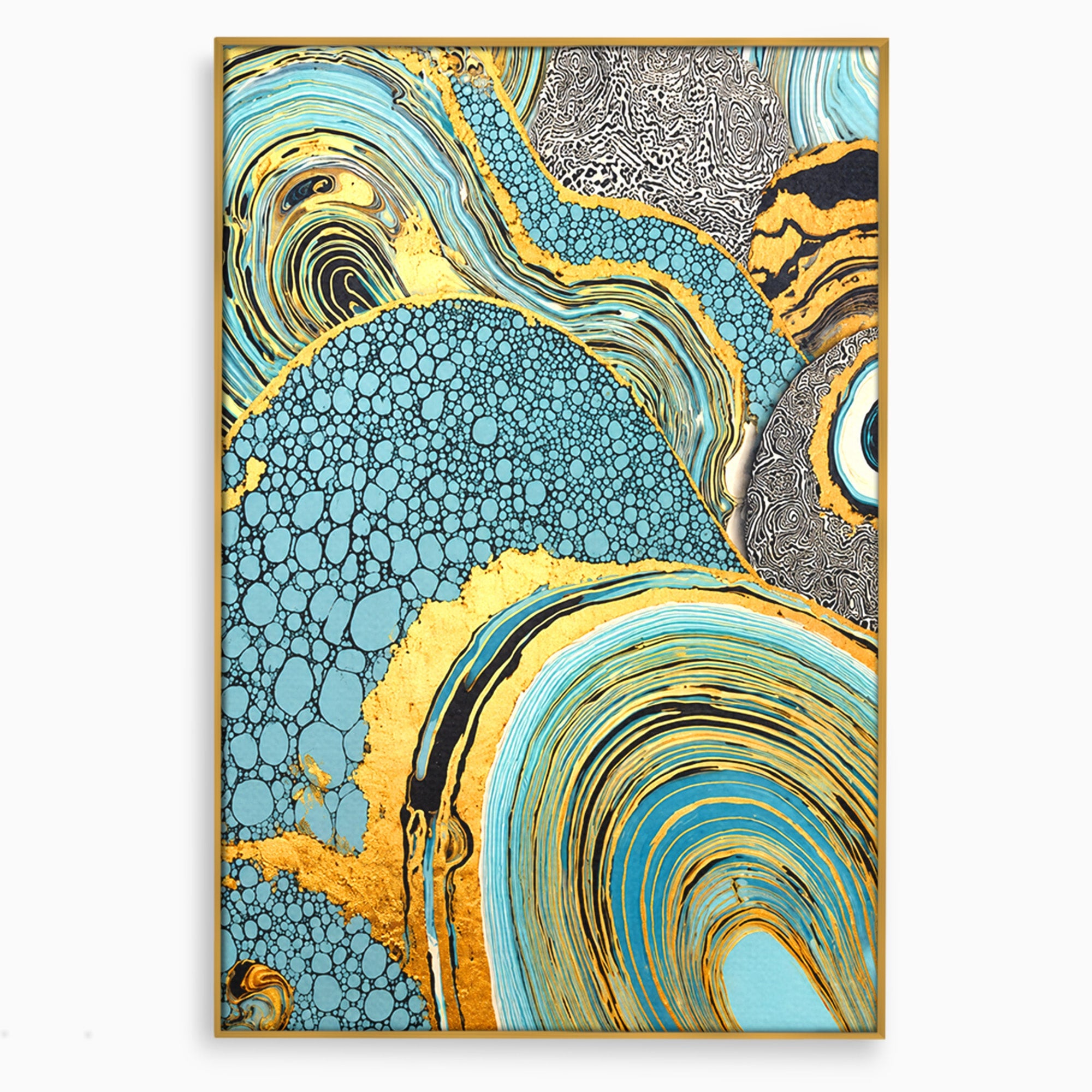 Tablou Canvas Premium LuxCanva® C1366, Flux Abstract Auriu, Abstract, Textura, Auriu, Albastru, Modern, Living, Birou, Culori Vibrante