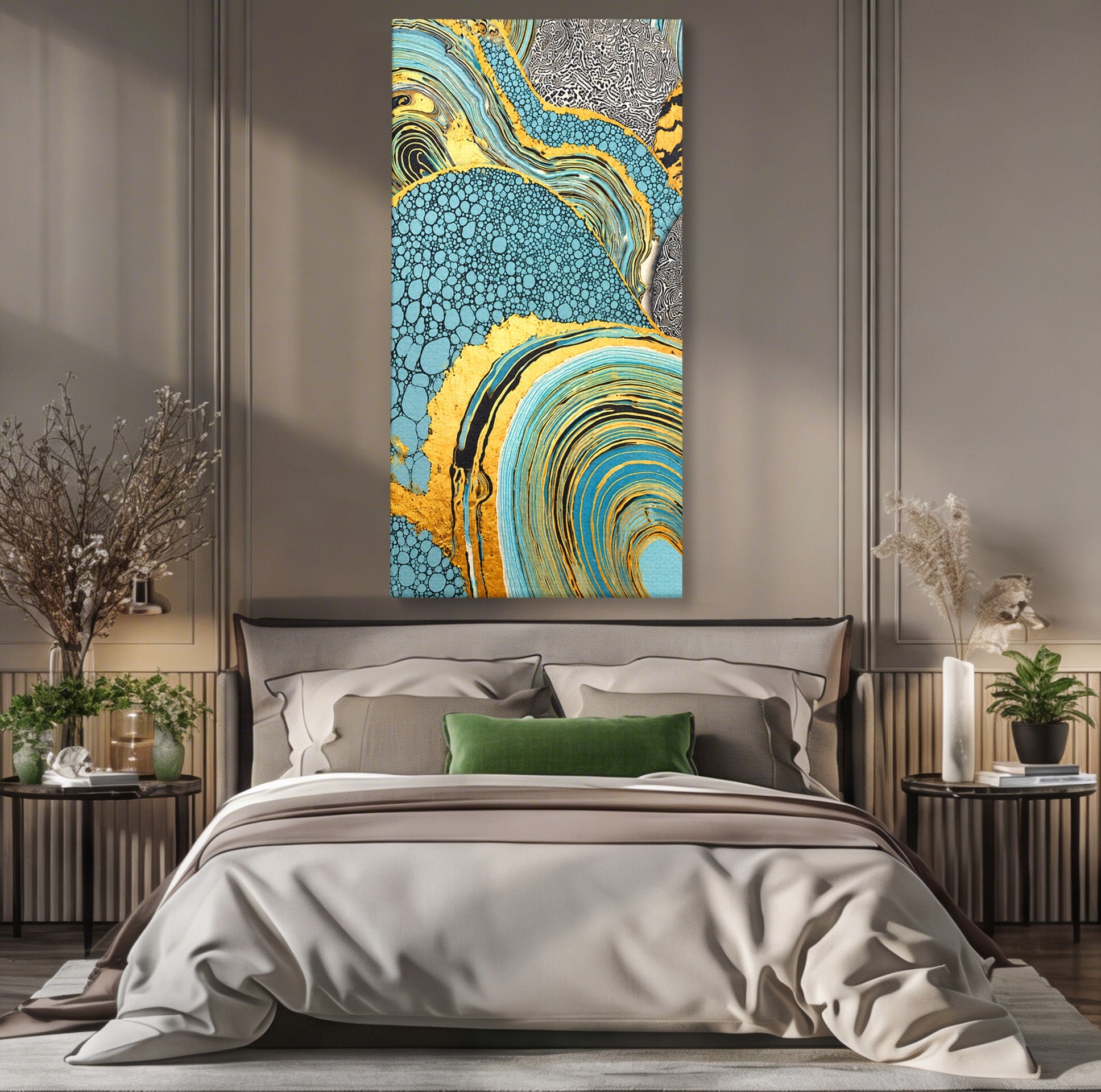 Tablou Canvas Premium LuxCanva® C1366, Flux Abstract Auriu, Abstract, Textura, Auriu, Albastru, Modern, Living, Birou, Culori Vibrante