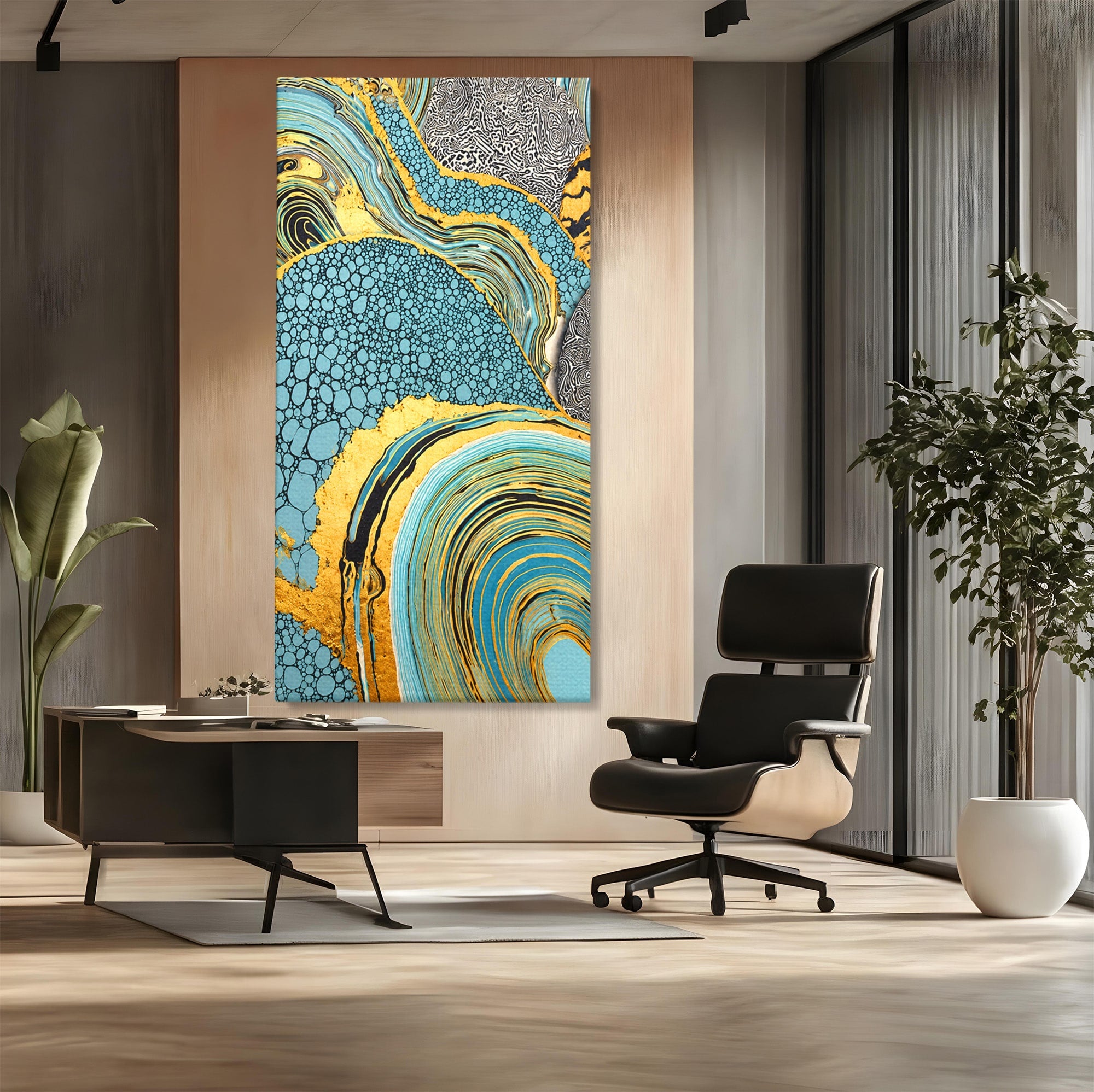 Tablou Canvas Premium LuxCanva® C1366, Flux Abstract Auriu, Abstract, Textura, Auriu, Albastru, Modern, Living, Birou, Culori Vibrante