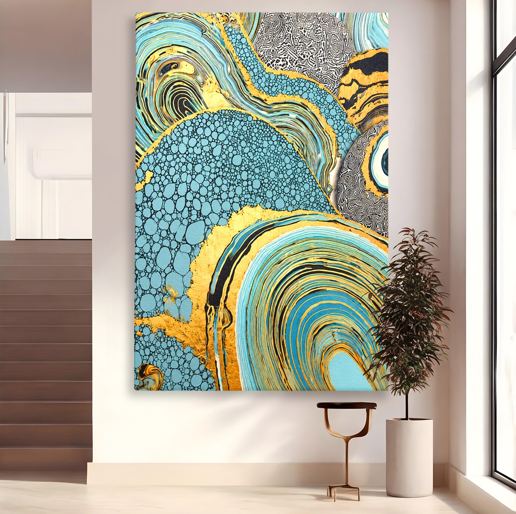 Tablou Canvas Premium LuxCanva® C1366, Flux Abstract Auriu, Abstract, Textura, Auriu, Albastru, Modern, Living, Birou, Culori Vibrante