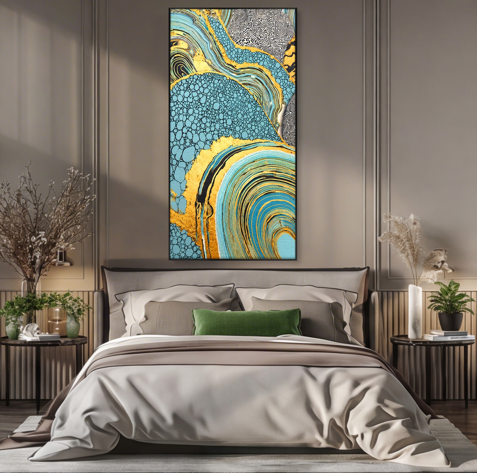 Tablou Canvas Premium LuxCanva® C1366, Flux Abstract Auriu, Abstract, Textura, Auriu, Albastru, Modern, Living, Birou, Culori Vibrante