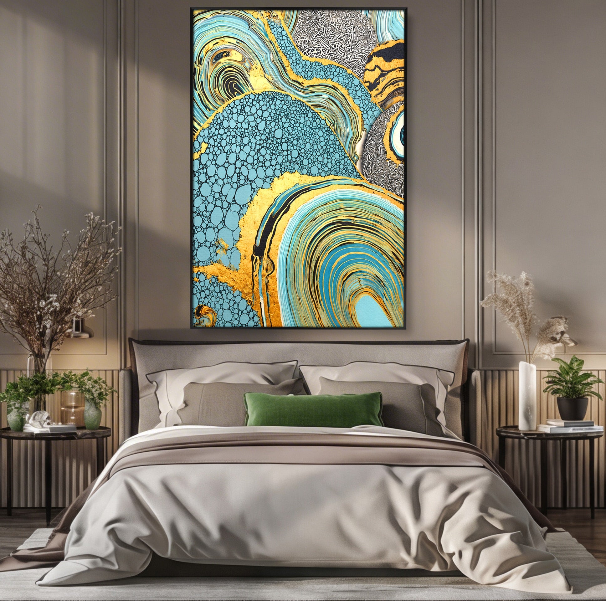 Tablou Canvas Premium LuxCanva® C1366, Flux Abstract Auriu, Abstract, Textura, Auriu, Albastru, Modern, Living, Birou, Culori Vibrante