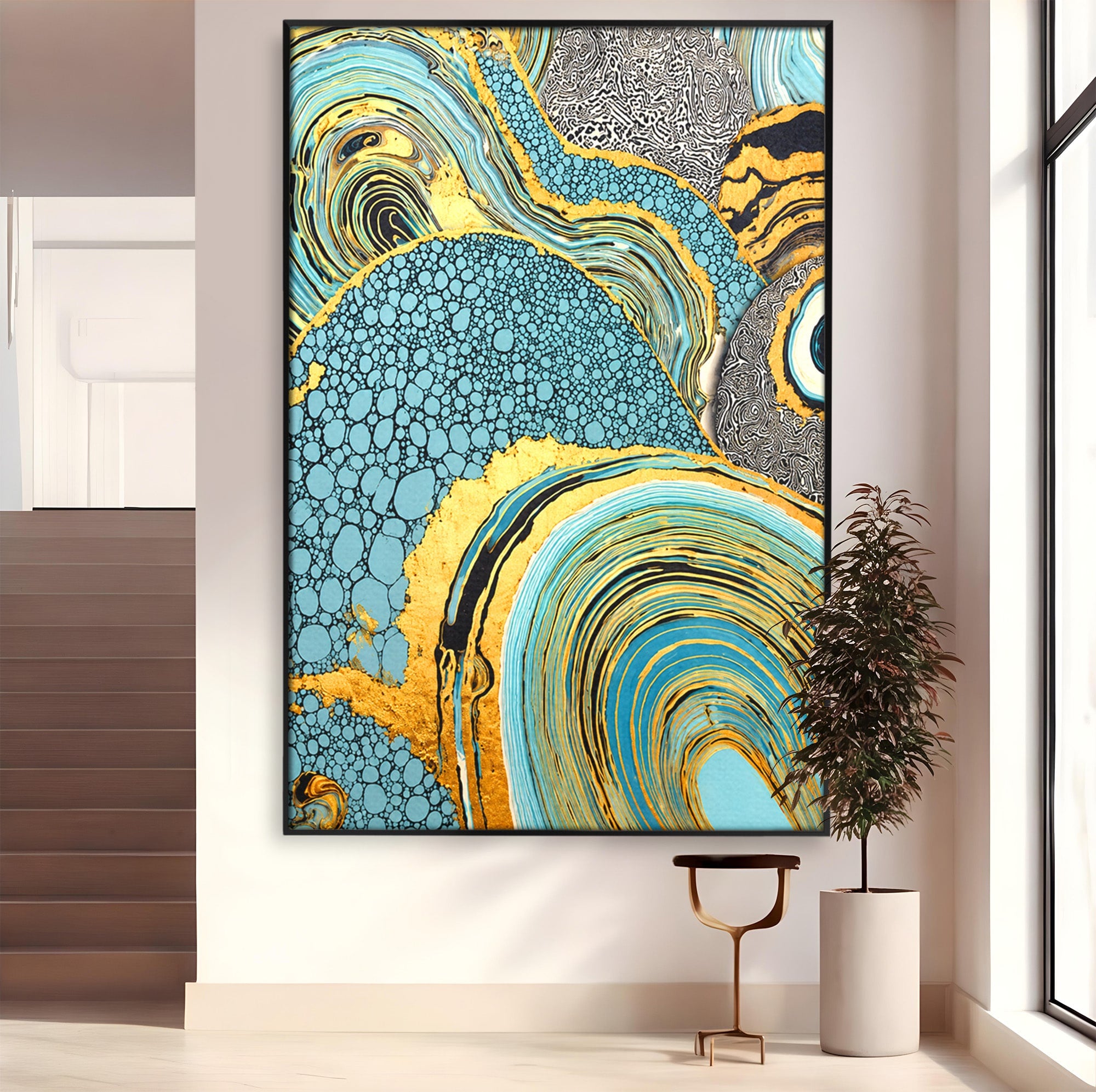 Tablou Canvas Premium LuxCanva® C1366, Flux Abstract Auriu, Abstract, Textura, Auriu, Albastru, Modern, Living, Birou, Culori Vibrante