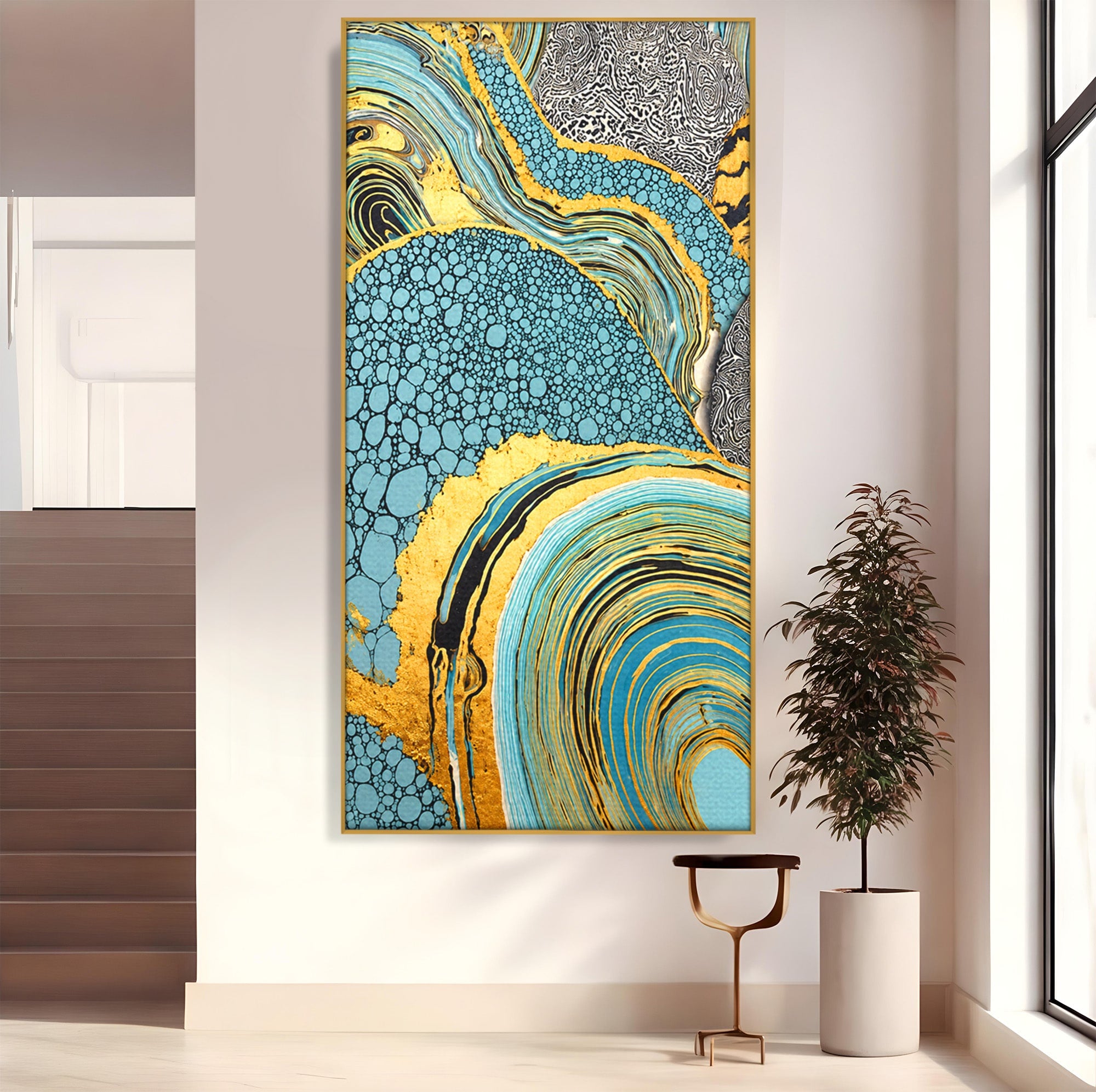 Tablou Canvas Premium LuxCanva® C1366, Flux Abstract Auriu, Abstract, Textura, Auriu, Albastru, Modern, Living, Birou, Culori Vibrante