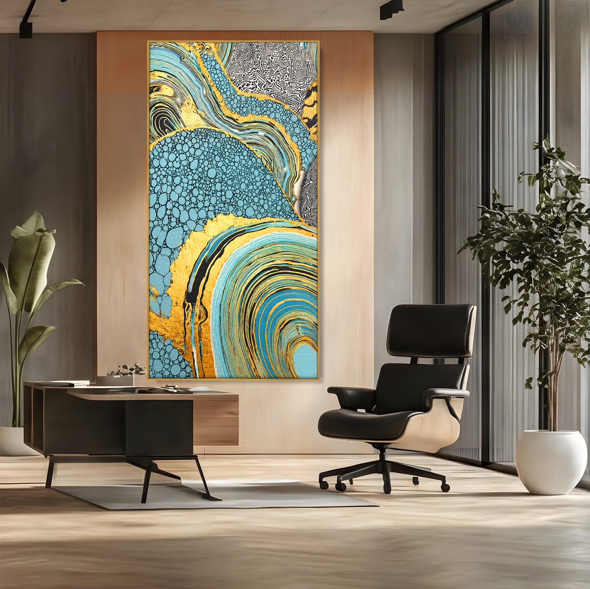 Tablou Canvas Premium LuxCanva® C1366, Flux Abstract Auriu, Abstract, Textura, Auriu, Albastru, Modern, Living, Birou, Culori Vibrante