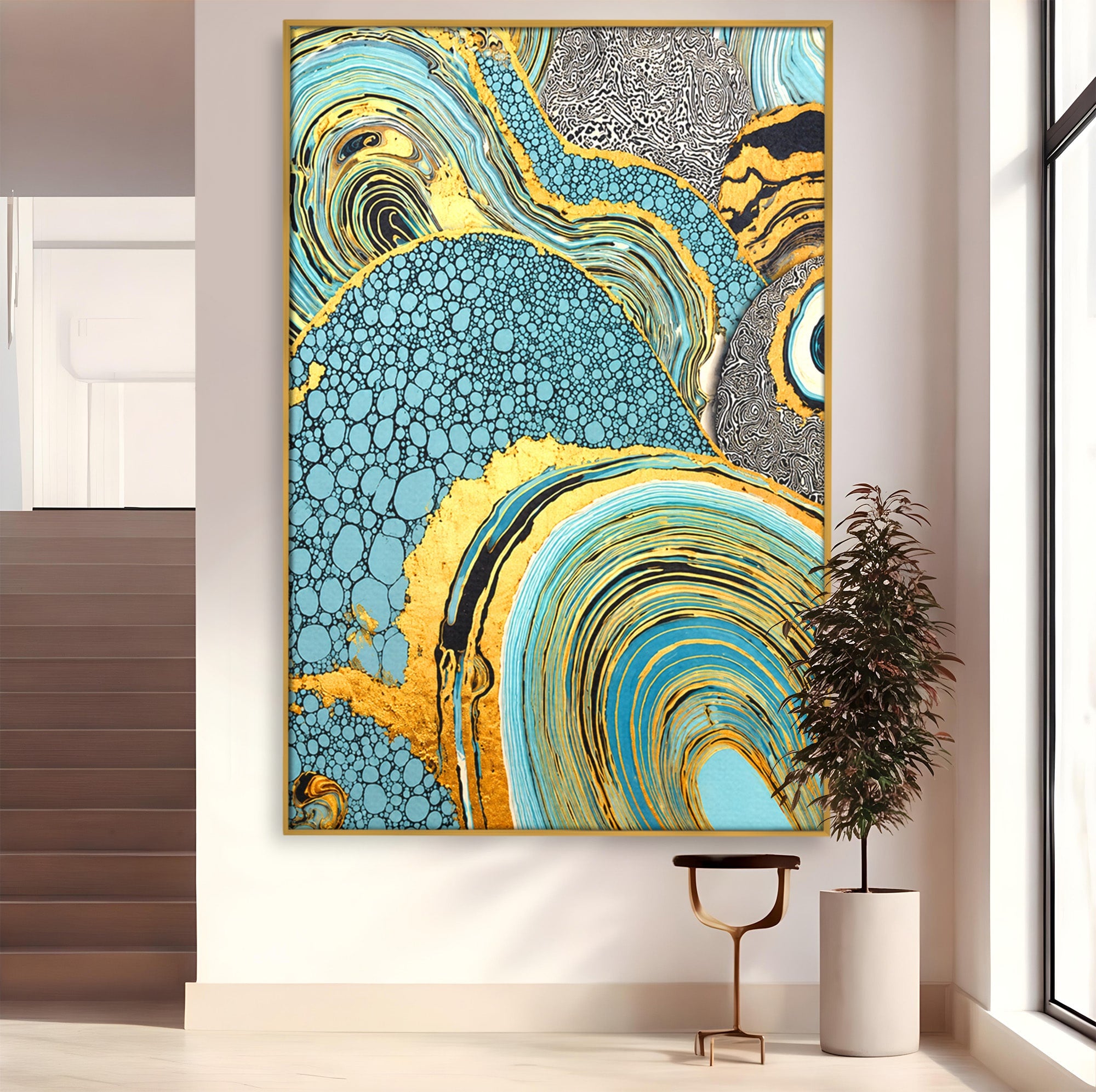 Tablou Canvas Premium LuxCanva® C1366, Flux Abstract Auriu, Abstract, Textura, Auriu, Albastru, Modern, Living, Birou, Culori Vibrante