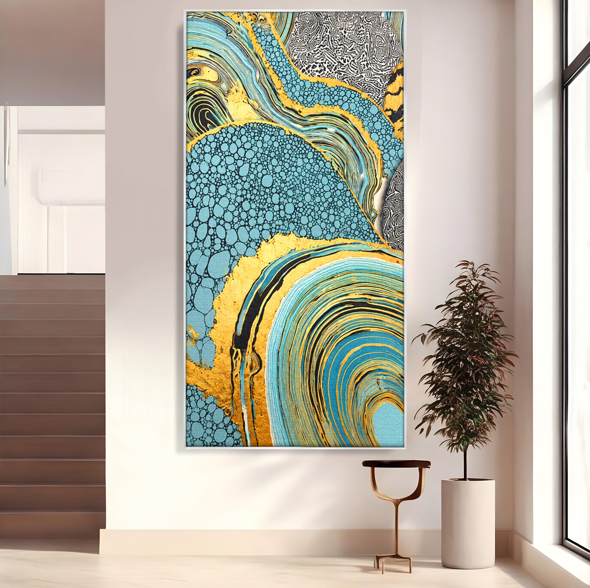 Tablou Canvas Premium LuxCanva® C1366, Flux Abstract Auriu, Abstract, Textura, Auriu, Albastru, Modern, Living, Birou, Culori Vibrante