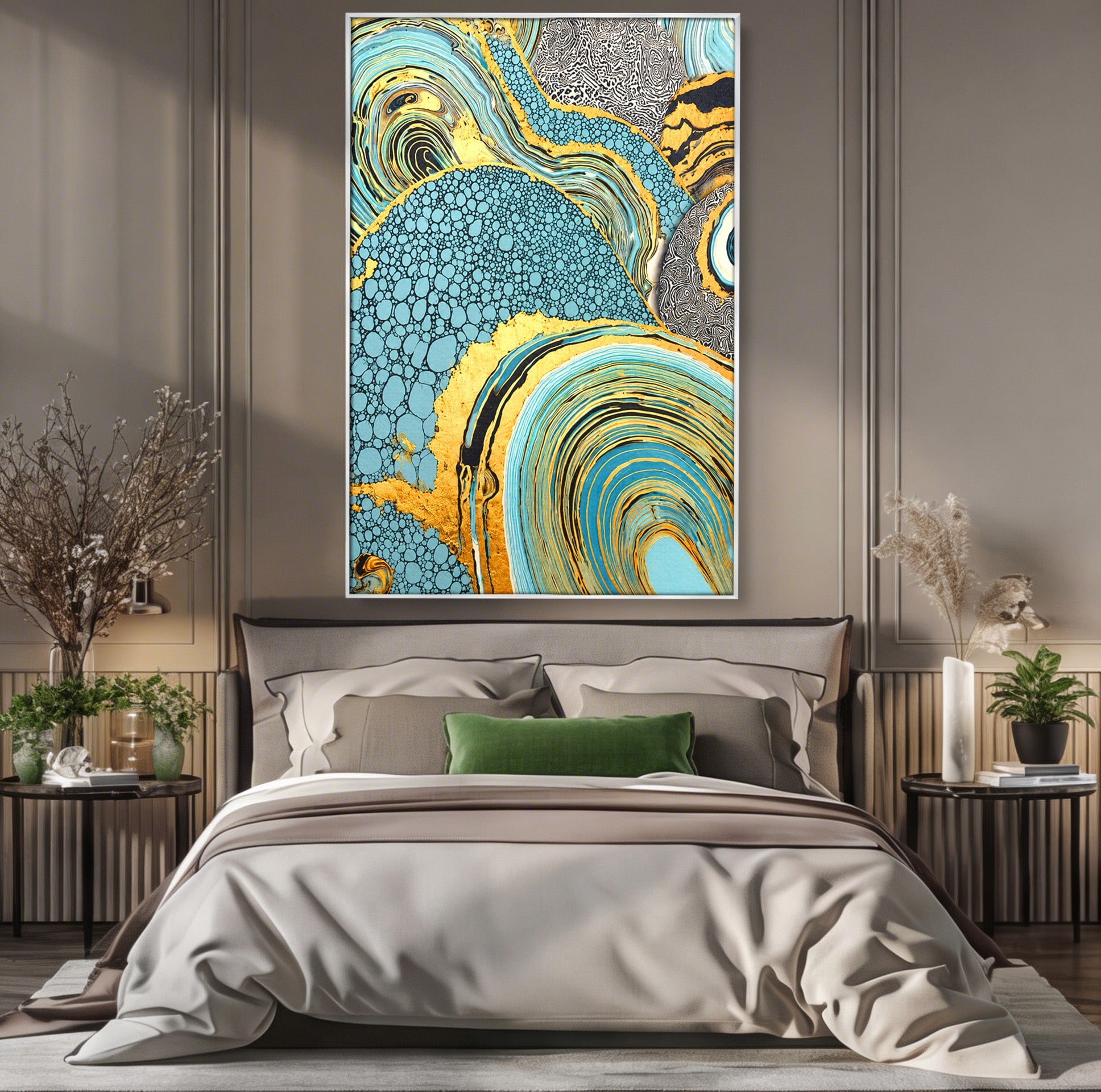 Tablou Canvas Premium LuxCanva® C1366, Flux Abstract Auriu, Abstract, Textura, Auriu, Albastru, Modern, Living, Birou, Culori Vibrante