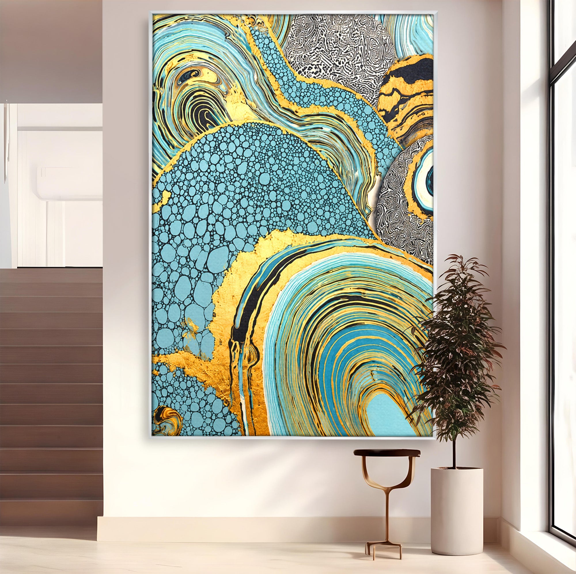 Tablou Canvas Premium LuxCanva® C1366, Flux Abstract Auriu, Abstract, Textura, Auriu, Albastru, Modern, Living, Birou, Culori Vibrante