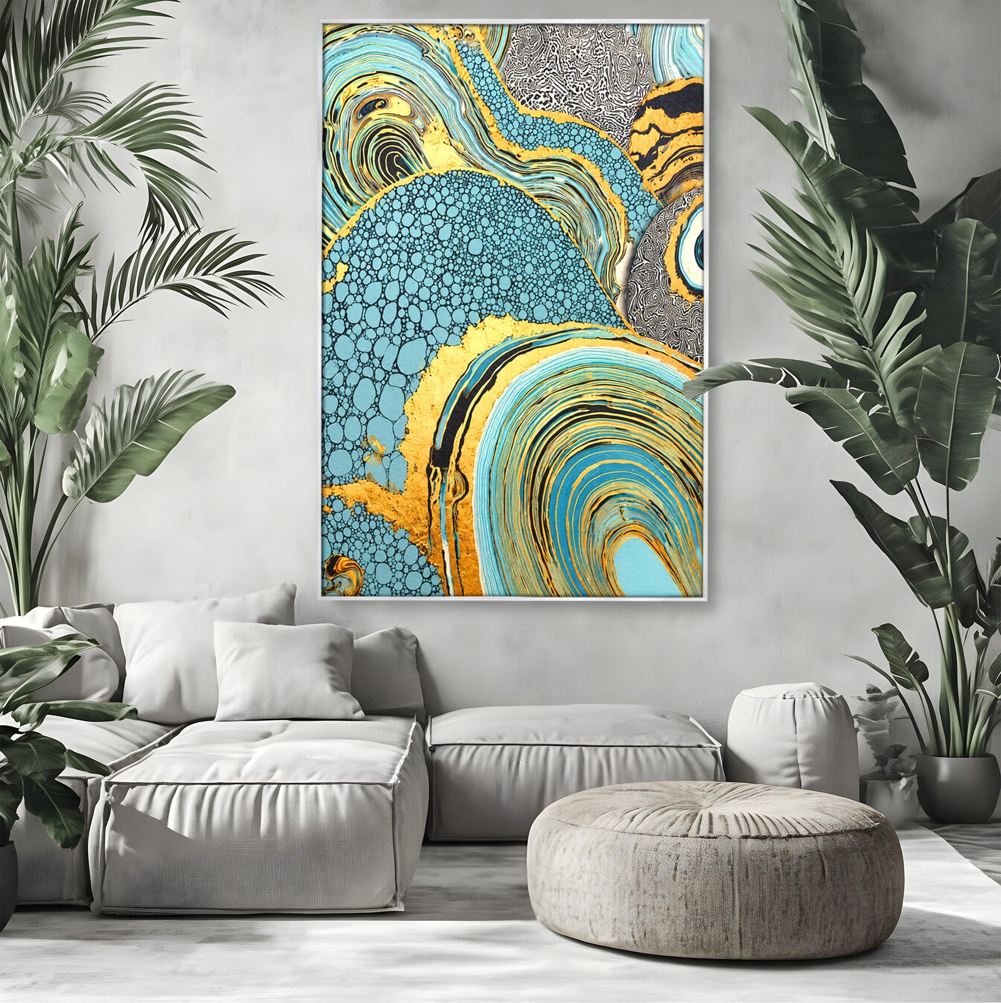 Tablou Canvas Premium LuxCanva® C1366, Flux Abstract Auriu, Abstract, Textura, Auriu, Albastru, Modern, Living, Birou, Culori Vibrante