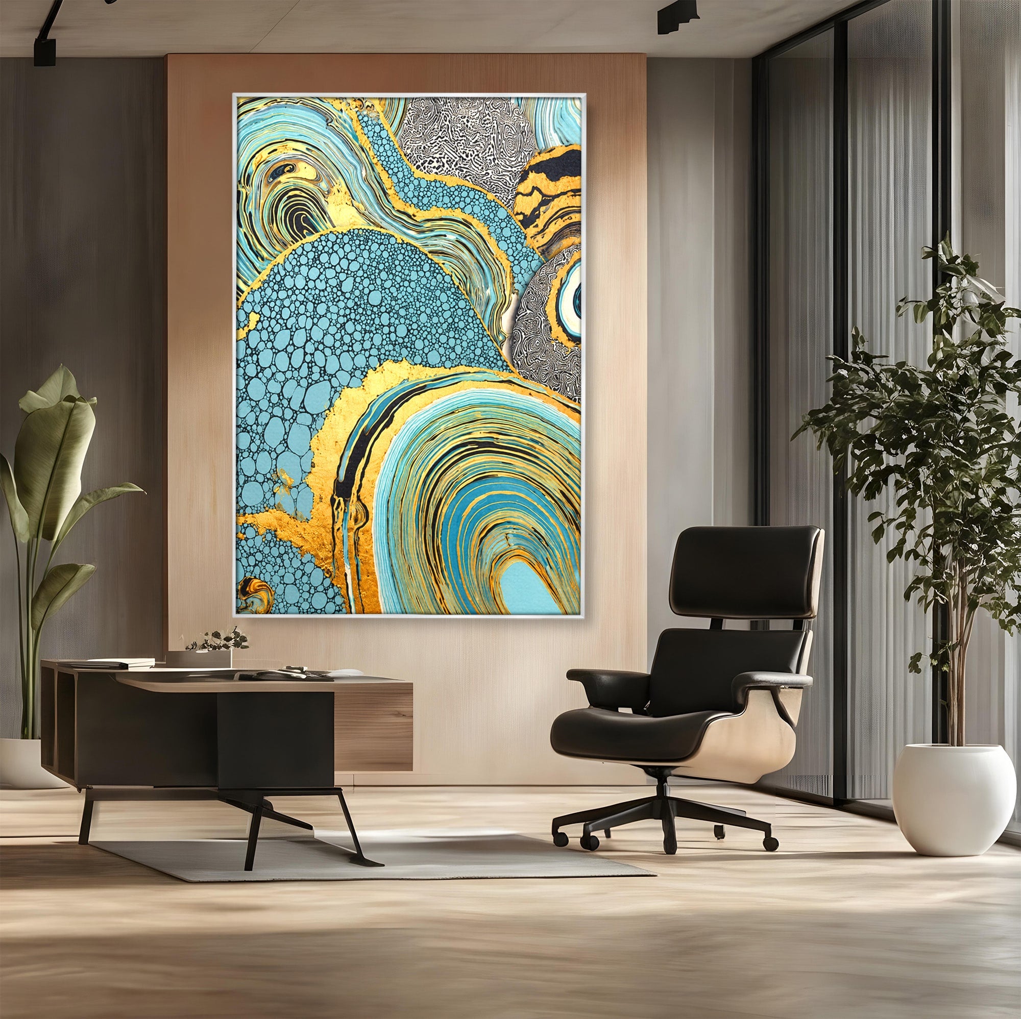 Tablou Canvas Premium LuxCanva® C1366, Flux Abstract Auriu, Abstract, Textura, Auriu, Albastru, Modern, Living, Birou, Culori Vibrante