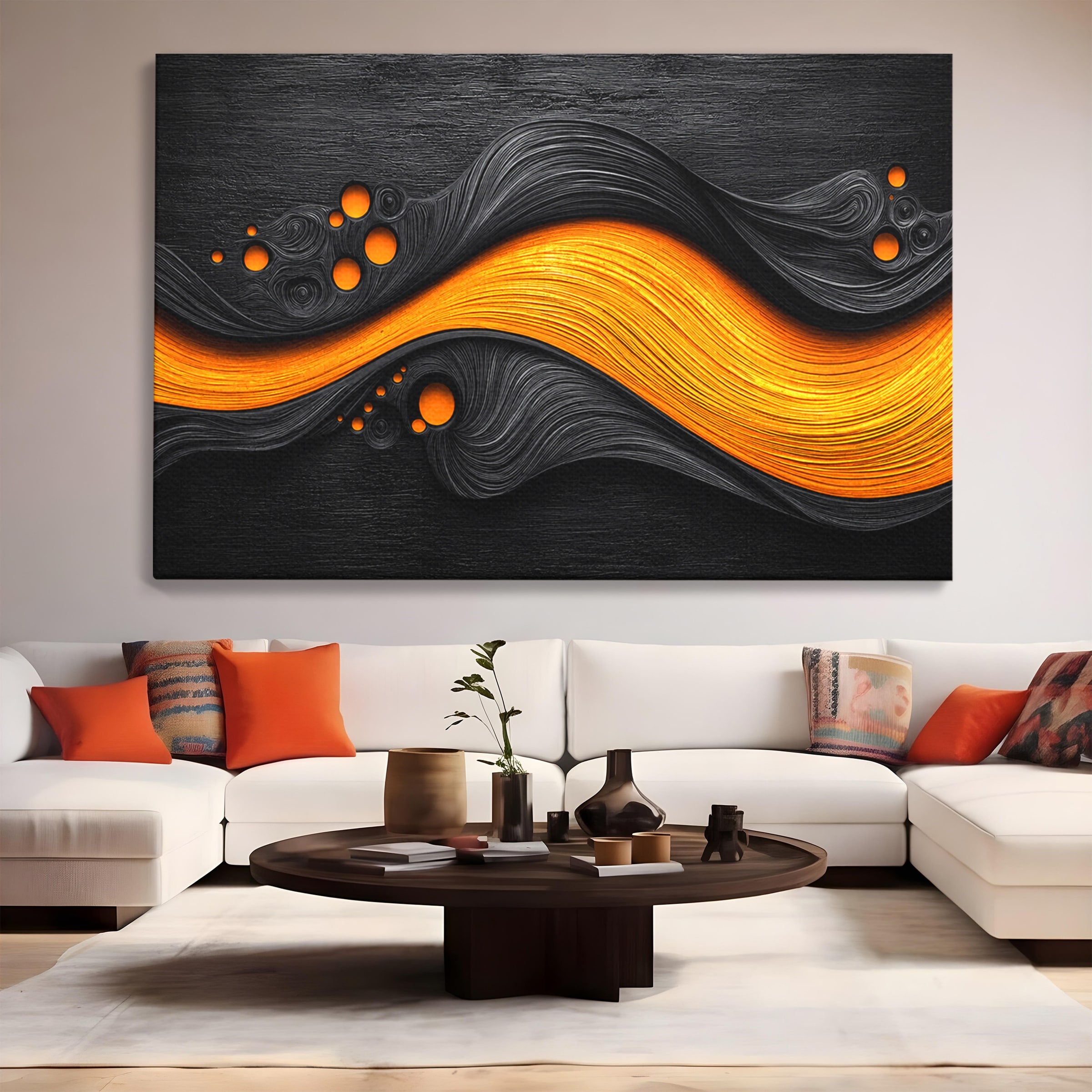 Tablou Canvas Premium LuxCanva® C1377, Flux Abstract Portocaliu, Abstract, Modern, Arta, Design, Living, Birou, Culori Vibrante