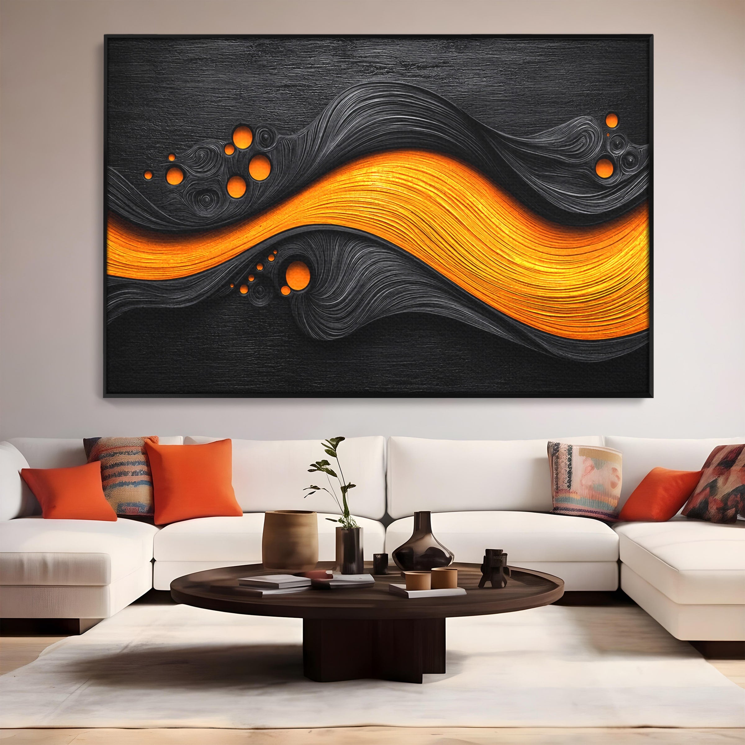 Tablou Canvas Premium LuxCanva® C1377, Flux Abstract Portocaliu, Abstract, Modern, Arta, Design, Living, Birou, Culori Vibrante