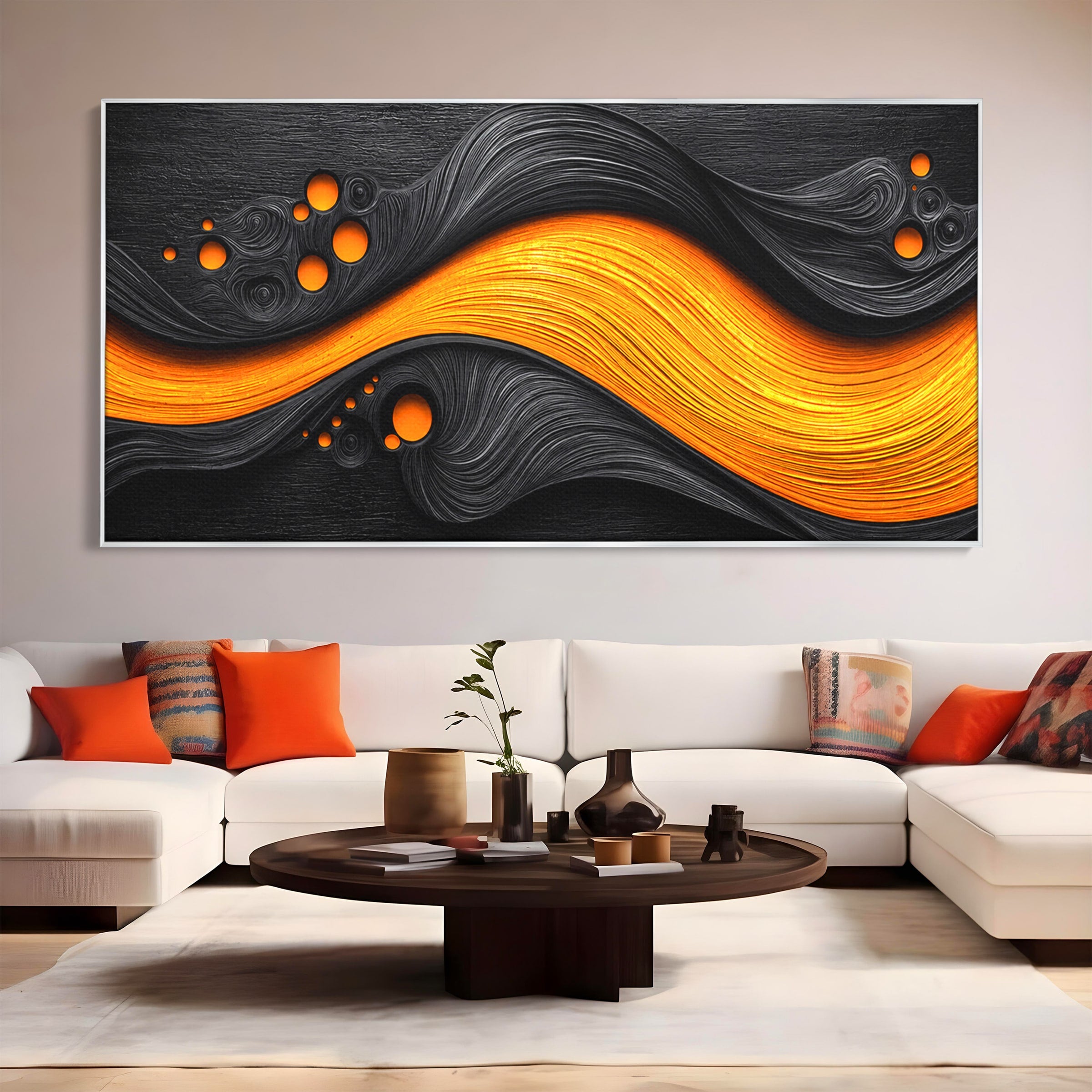 Tablou Canvas Premium LuxCanva® C1377, Flux Abstract Portocaliu, Abstract, Modern, Arta, Design, Living, Birou, Culori Vibrante