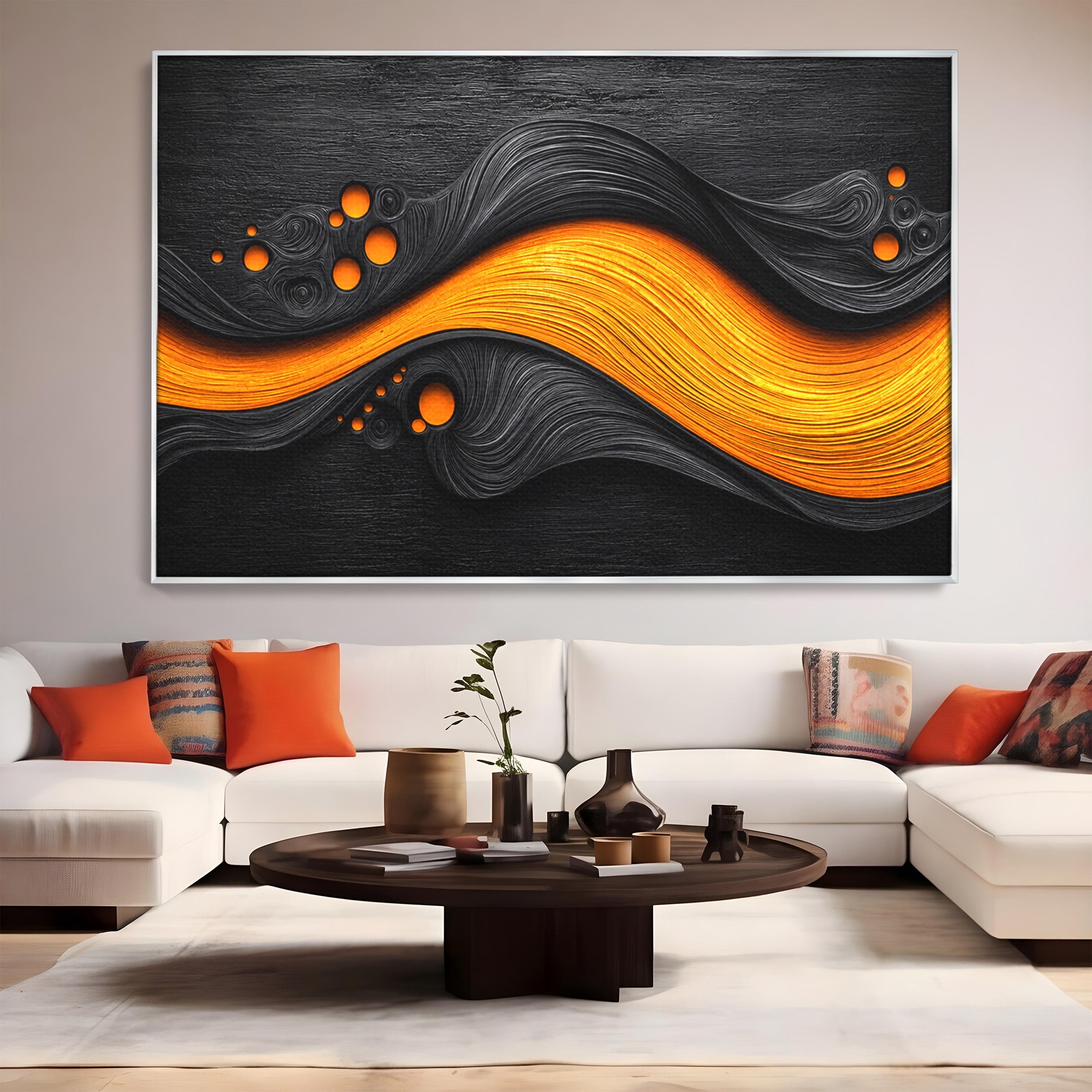 Tablou Canvas Premium LuxCanva® C1377, Flux Abstract Portocaliu, Abstract, Modern, Arta, Design, Living, Birou, Culori Vibrante