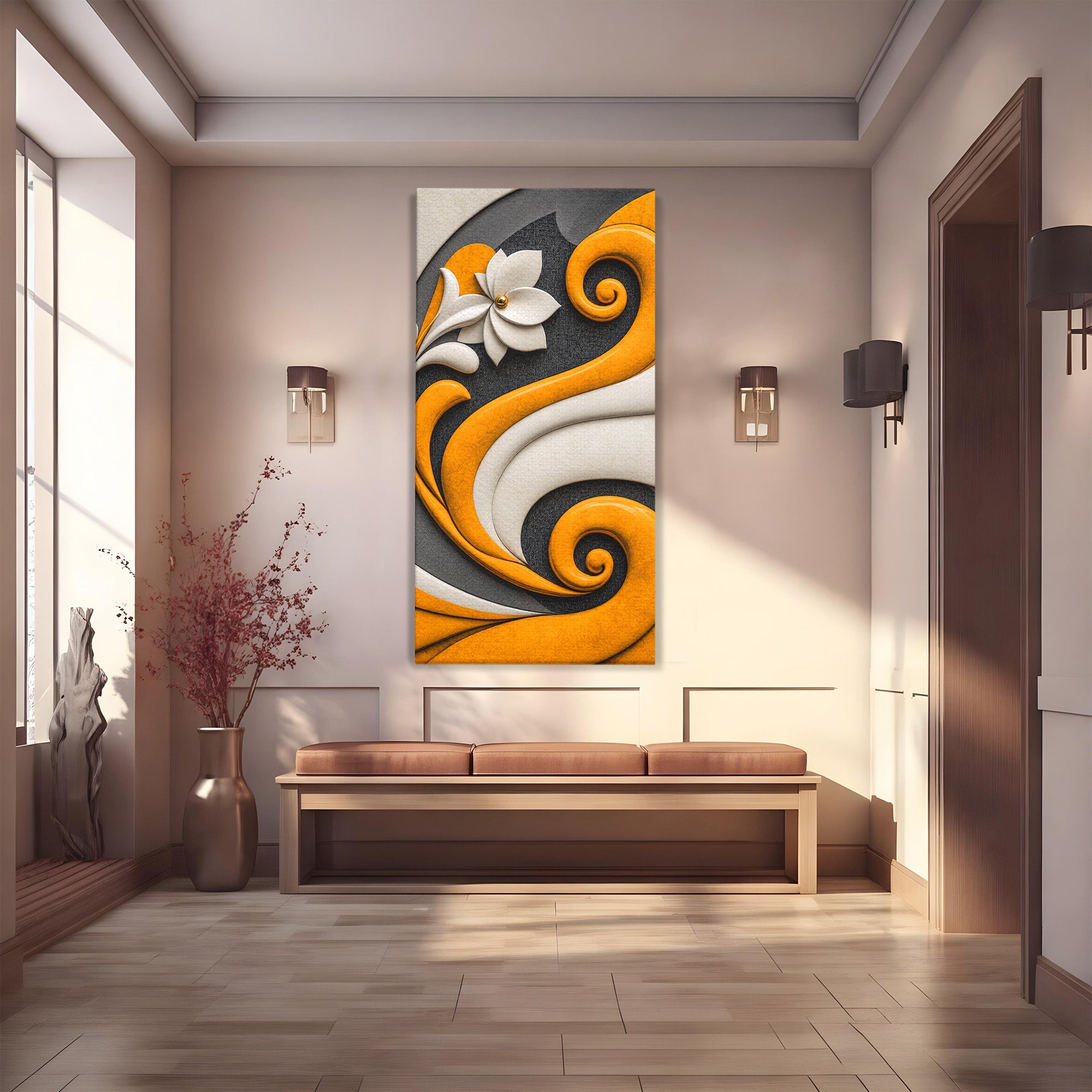Tablou Canvas Premium LuxCanva® C1386, Floare Abstracta Eleganta, Floare, Abstract, Modern, Portocaliu,Design, Living, Culori Vibrante