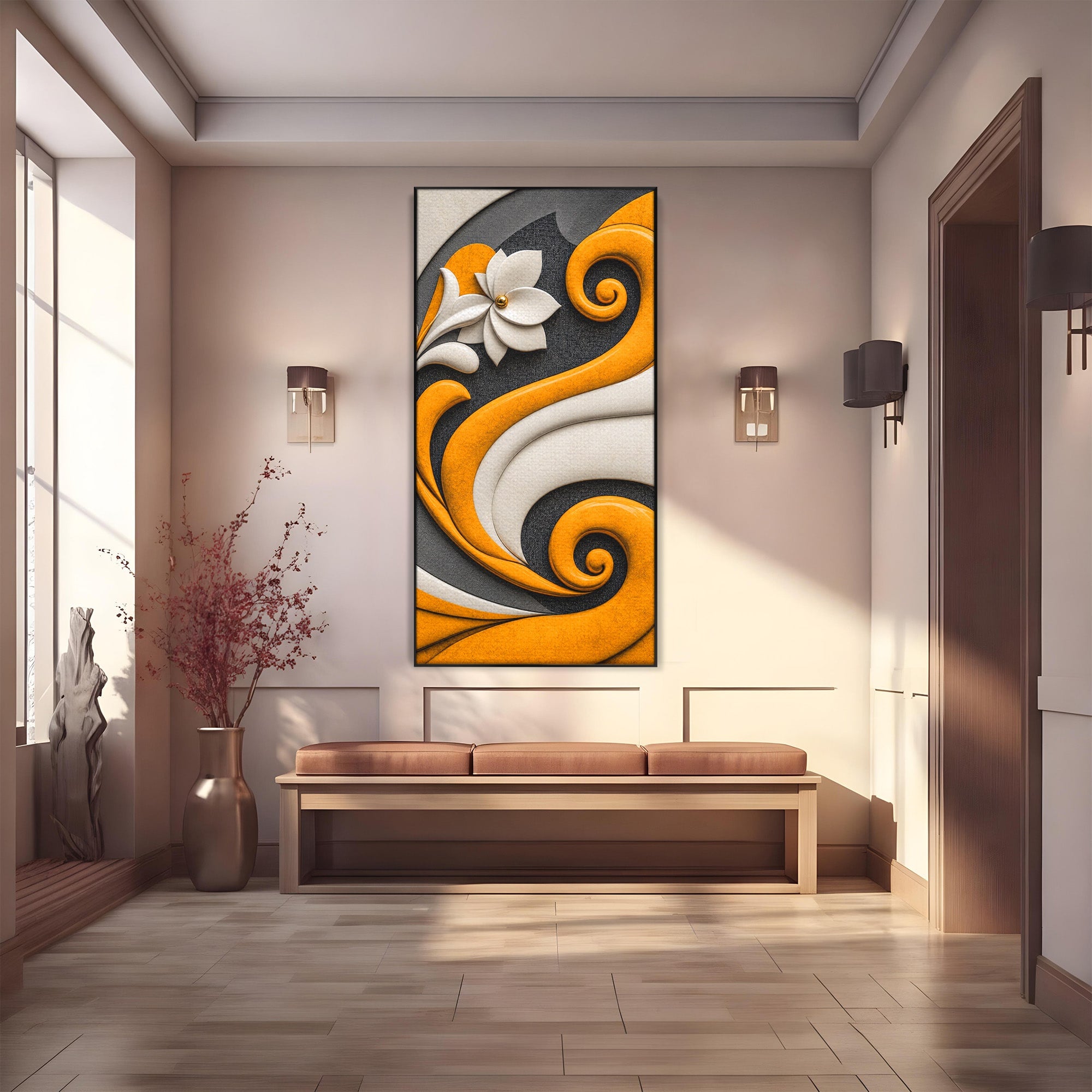 Tablou Canvas Premium LuxCanva® C1386, Floare Abstracta Eleganta, Floare, Abstract, Modern, Portocaliu,Design, Living, Culori Vibrante