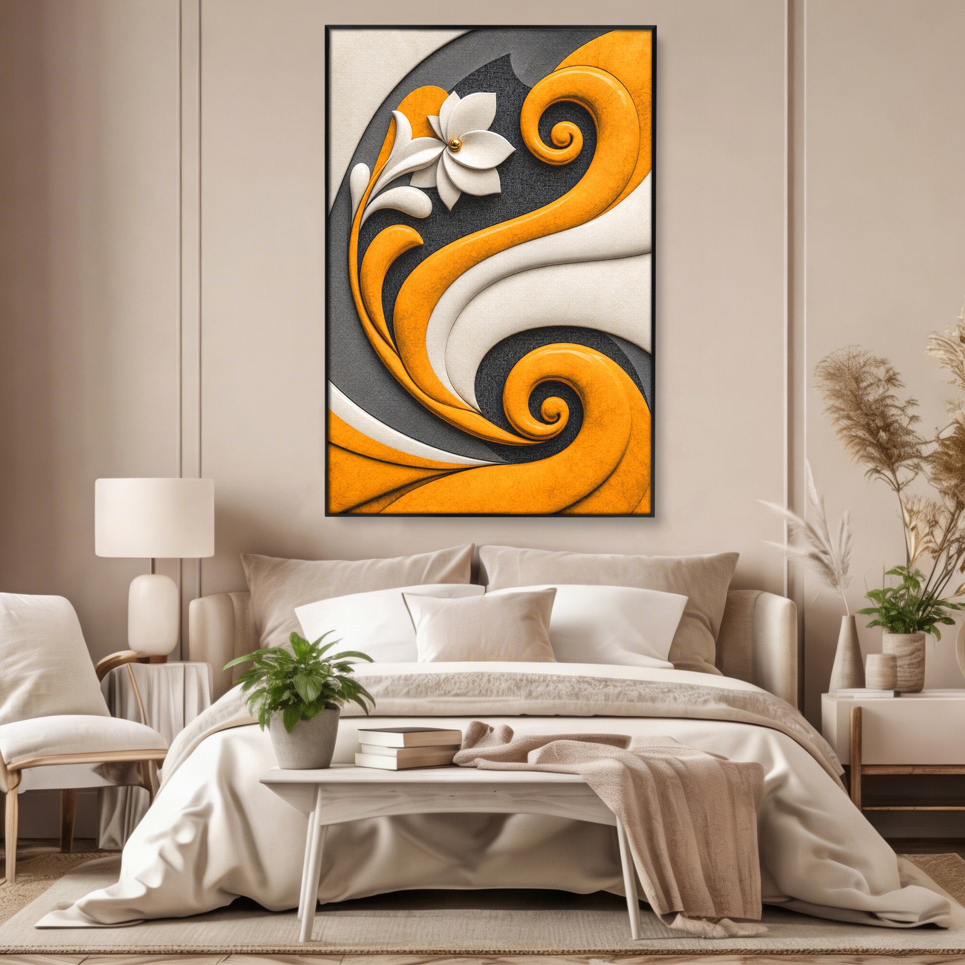 Tablou Canvas Premium LuxCanva® C1386, Floare Abstracta Eleganta, Floare, Abstract, Modern, Portocaliu,Design, Living, Culori Vibrante