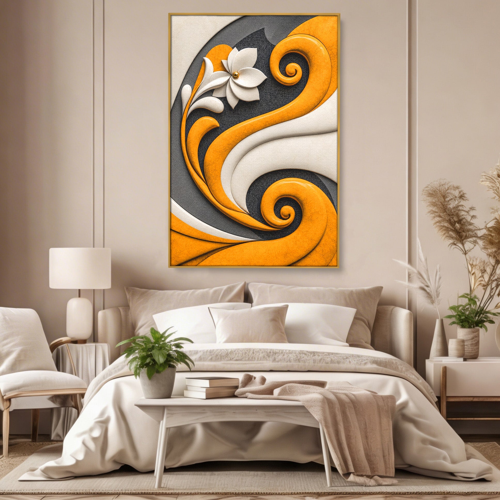 Tablou Canvas Premium LuxCanva® C1386, Floare Abstracta Eleganta, Floare, Abstract, Modern, Portocaliu,Design, Living, Culori Vibrante