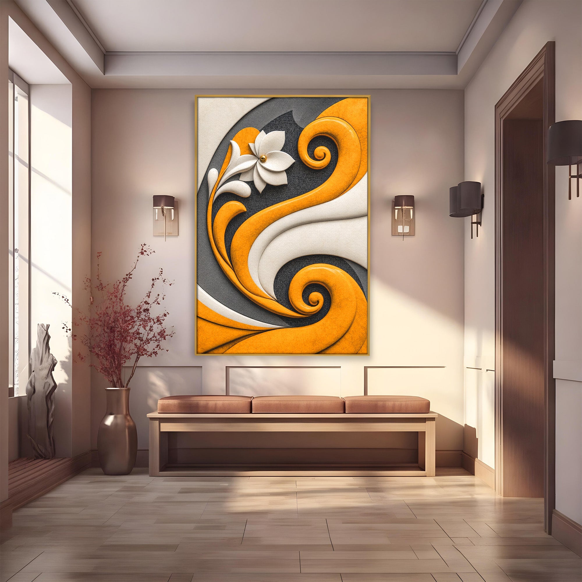 Tablou Canvas Premium LuxCanva® C1386, Floare Abstracta Eleganta, Floare, Abstract, Modern, Portocaliu,Design, Living, Culori Vibrante