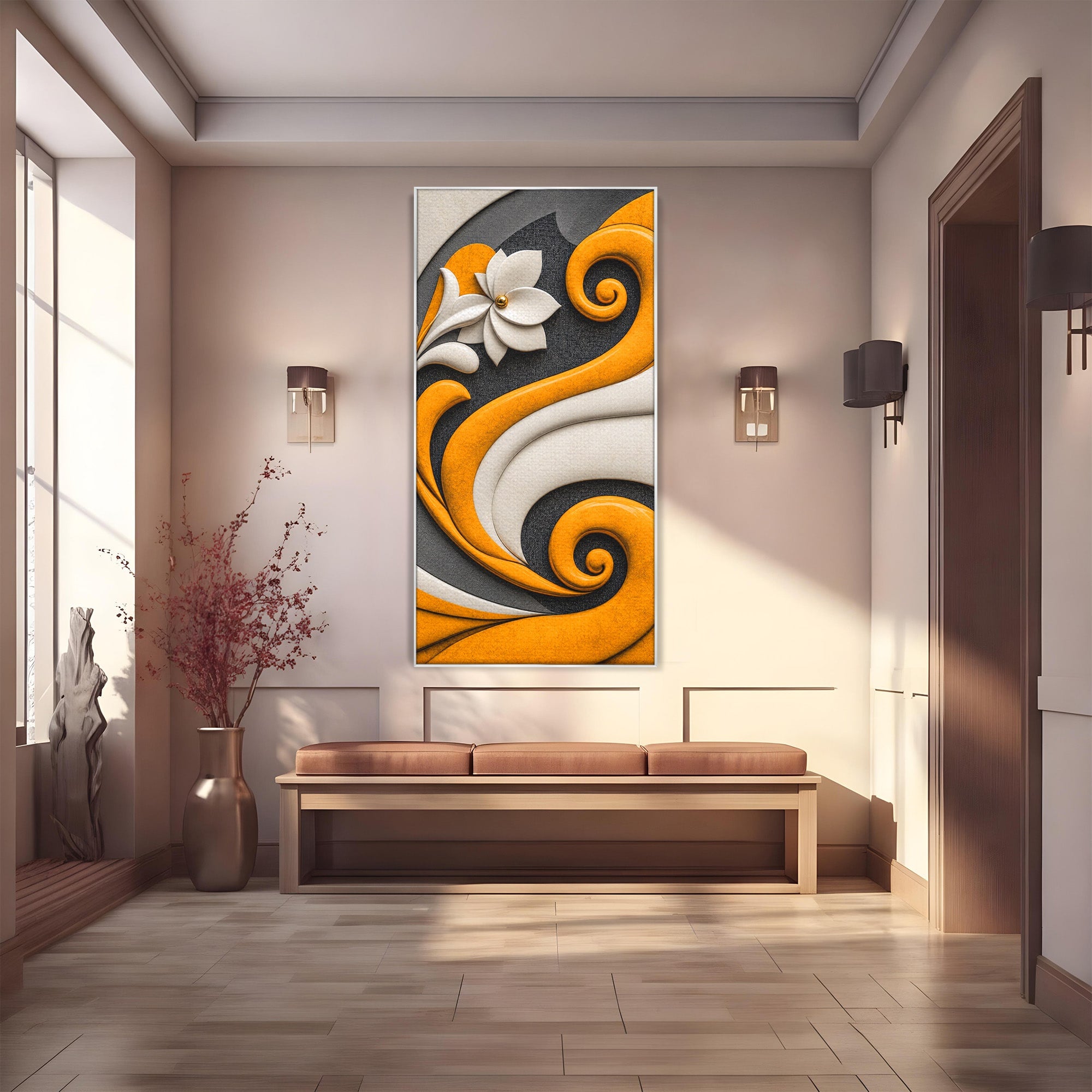 Tablou Canvas Premium LuxCanva® C1386, Floare Abstracta Eleganta, Floare, Abstract, Modern, Portocaliu,Design, Living, Culori Vibrante
