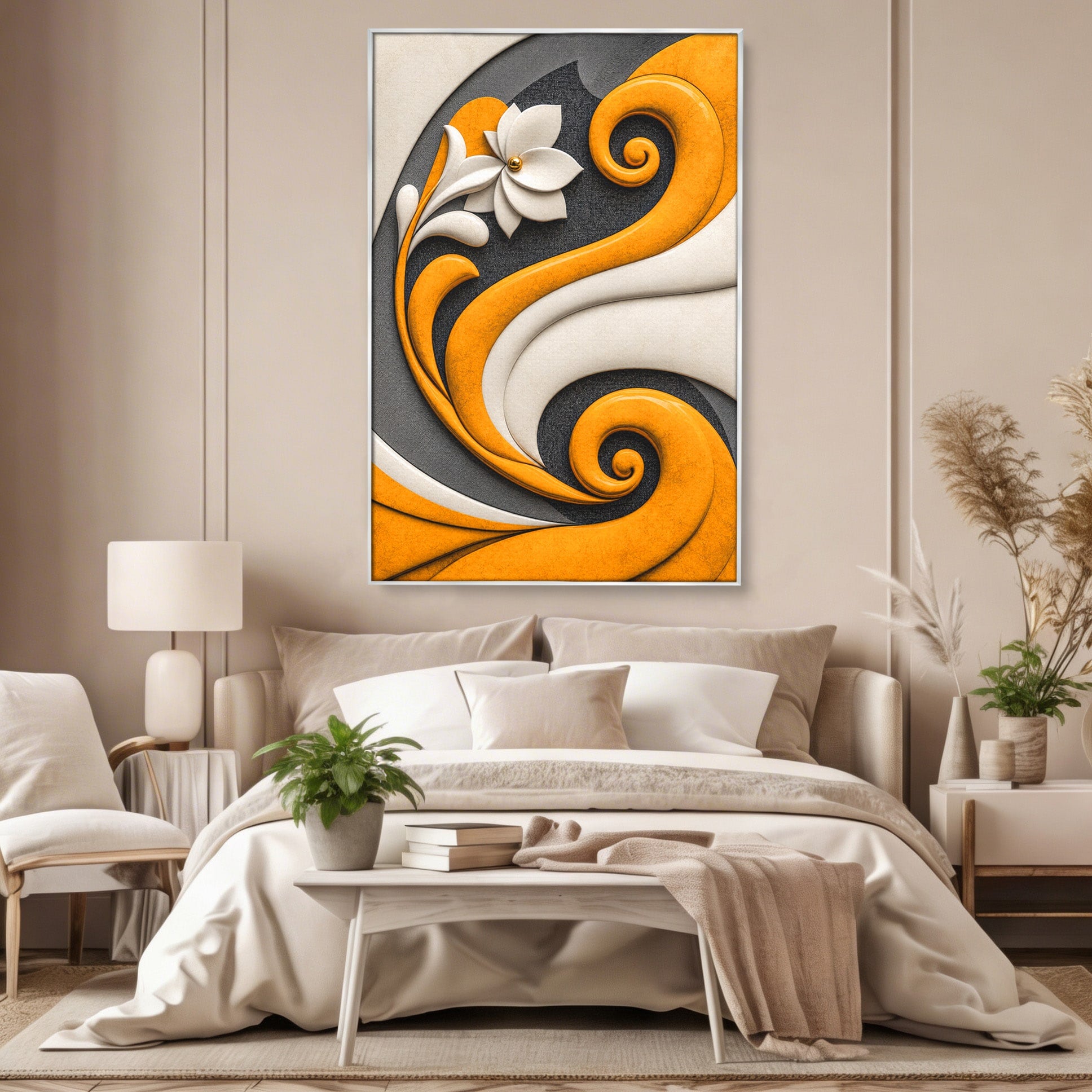 Tablou Canvas Premium LuxCanva® C1386, Floare Abstracta Eleganta, Floare, Abstract, Modern, Portocaliu,Design, Living, Culori Vibrante