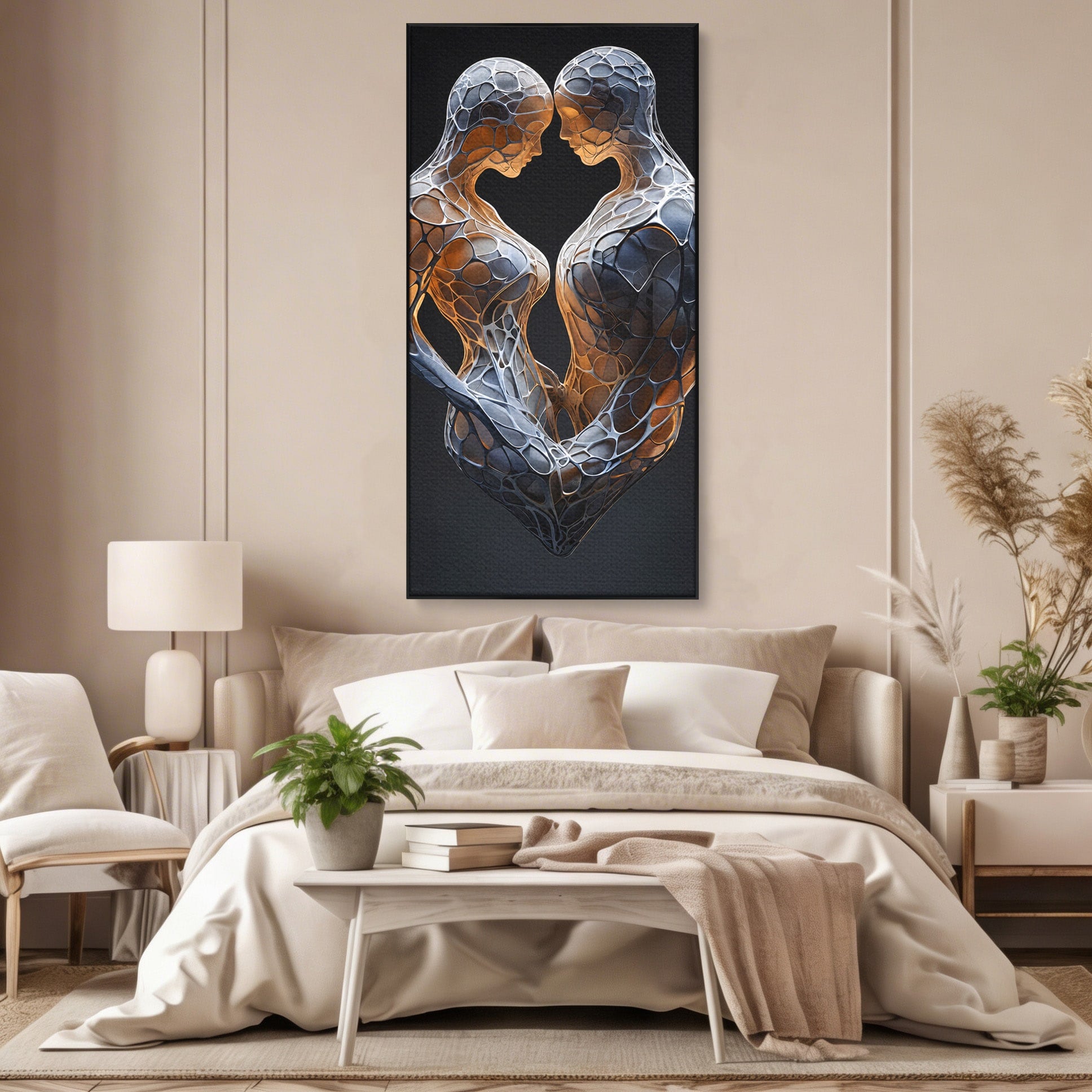 Tablou Canvas Premium LuxCanva® C1389, Imbratisare Abstracta, Cuplu, Abstract, Iubire, Sculptura, Dormitor, Living, Culori Vibrante