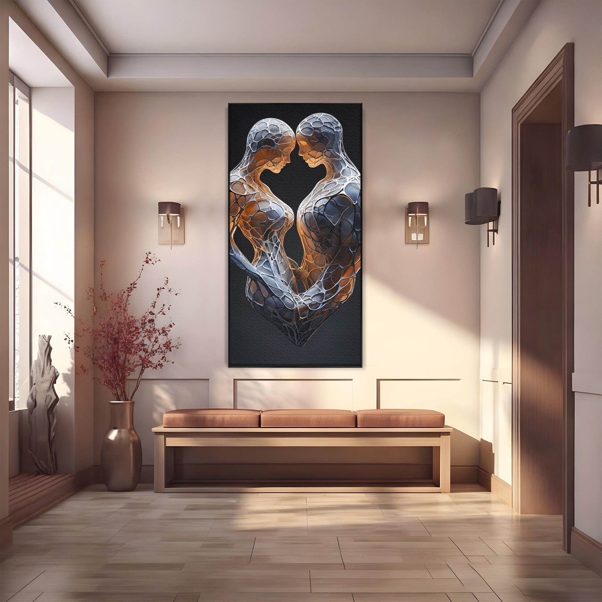 Tablou Canvas Premium LuxCanva® C1389, Imbratisare Abstracta, Cuplu, Abstract, Iubire, Sculptura, Dormitor, Living, Culori Vibrante