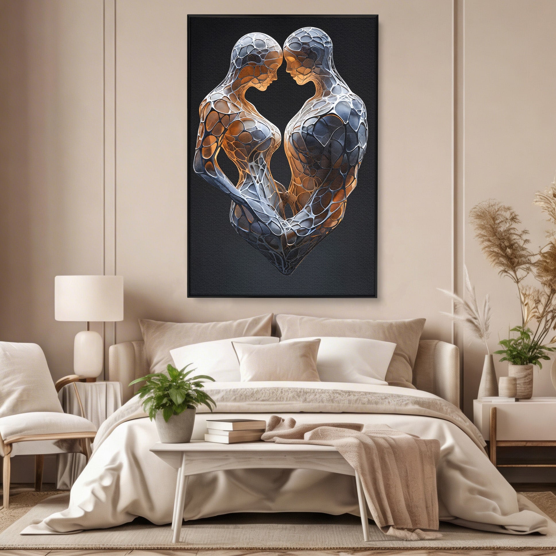 Tablou Canvas Premium LuxCanva® C1389, Imbratisare Abstracta, Cuplu, Abstract, Iubire, Sculptura, Dormitor, Living, Culori Vibrante