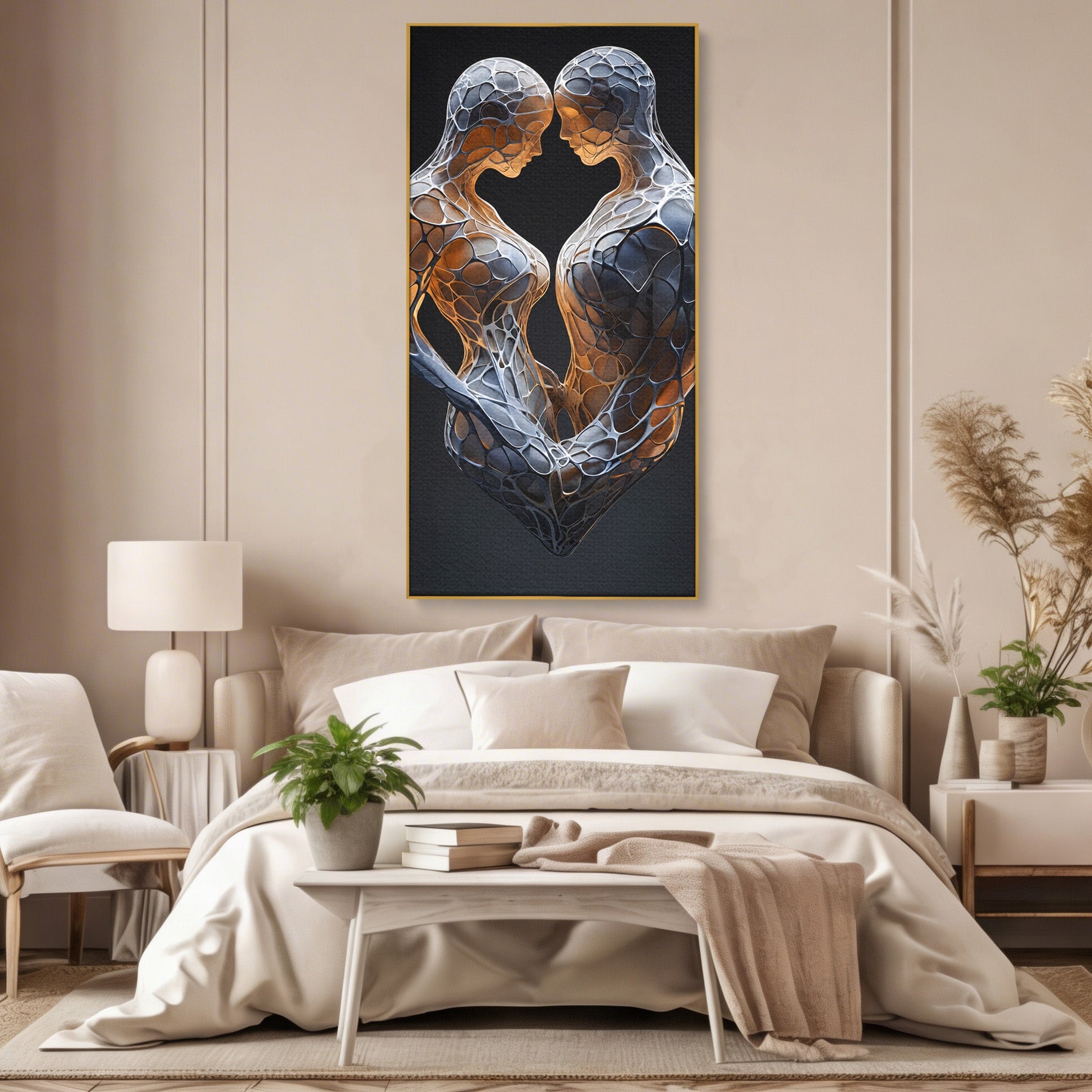 Tablou Canvas Premium LuxCanva® C1389, Imbratisare Abstracta, Cuplu, Abstract, Iubire, Sculptura, Dormitor, Living, Culori Vibrante