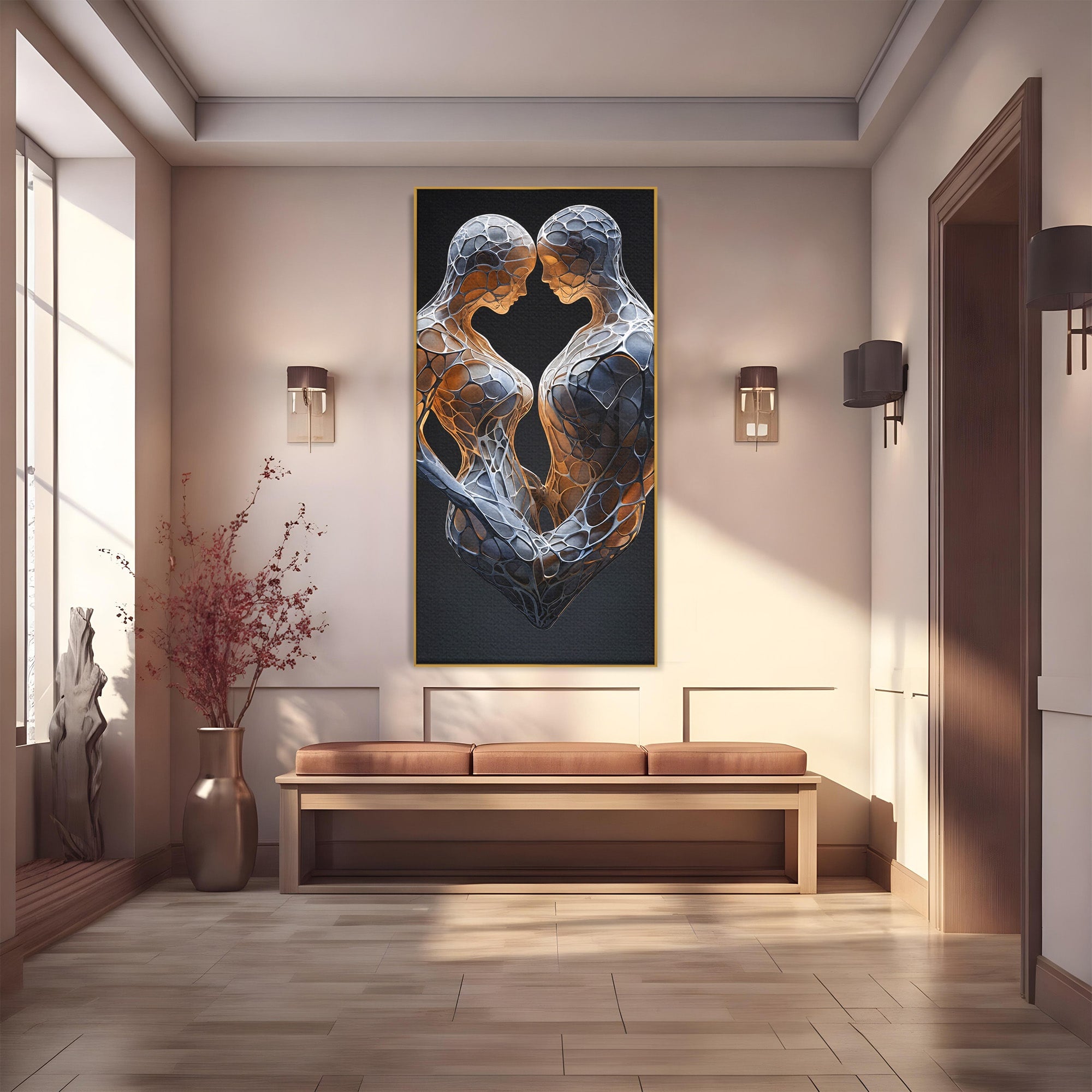 Tablou Canvas Premium LuxCanva® C1389, Imbratisare Abstracta, Cuplu, Abstract, Iubire, Sculptura, Dormitor, Living, Culori Vibrante