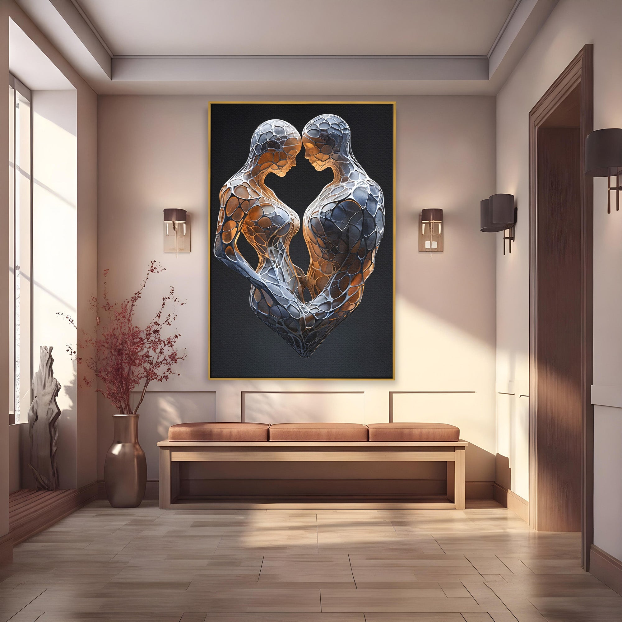 Tablou Canvas Premium LuxCanva® C1389, Imbratisare Abstracta, Cuplu, Abstract, Iubire, Sculptura, Dormitor, Living, Culori Vibrante