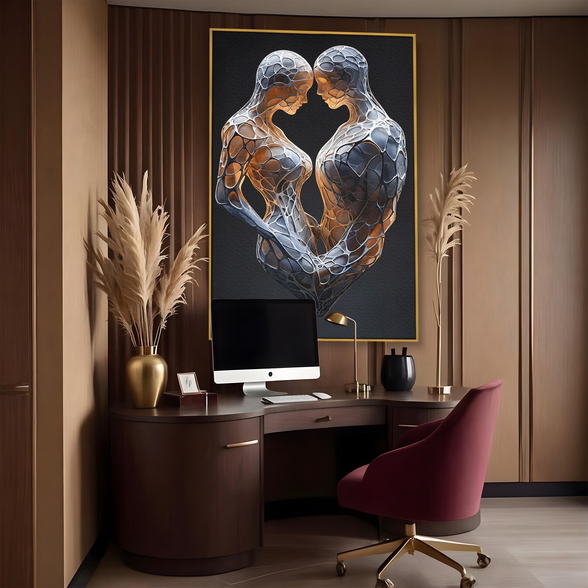 Tablou Canvas Premium LuxCanva® C1389, Imbratisare Abstracta, Cuplu, Abstract, Iubire, Sculptura, Dormitor, Living, Culori Vibrante
