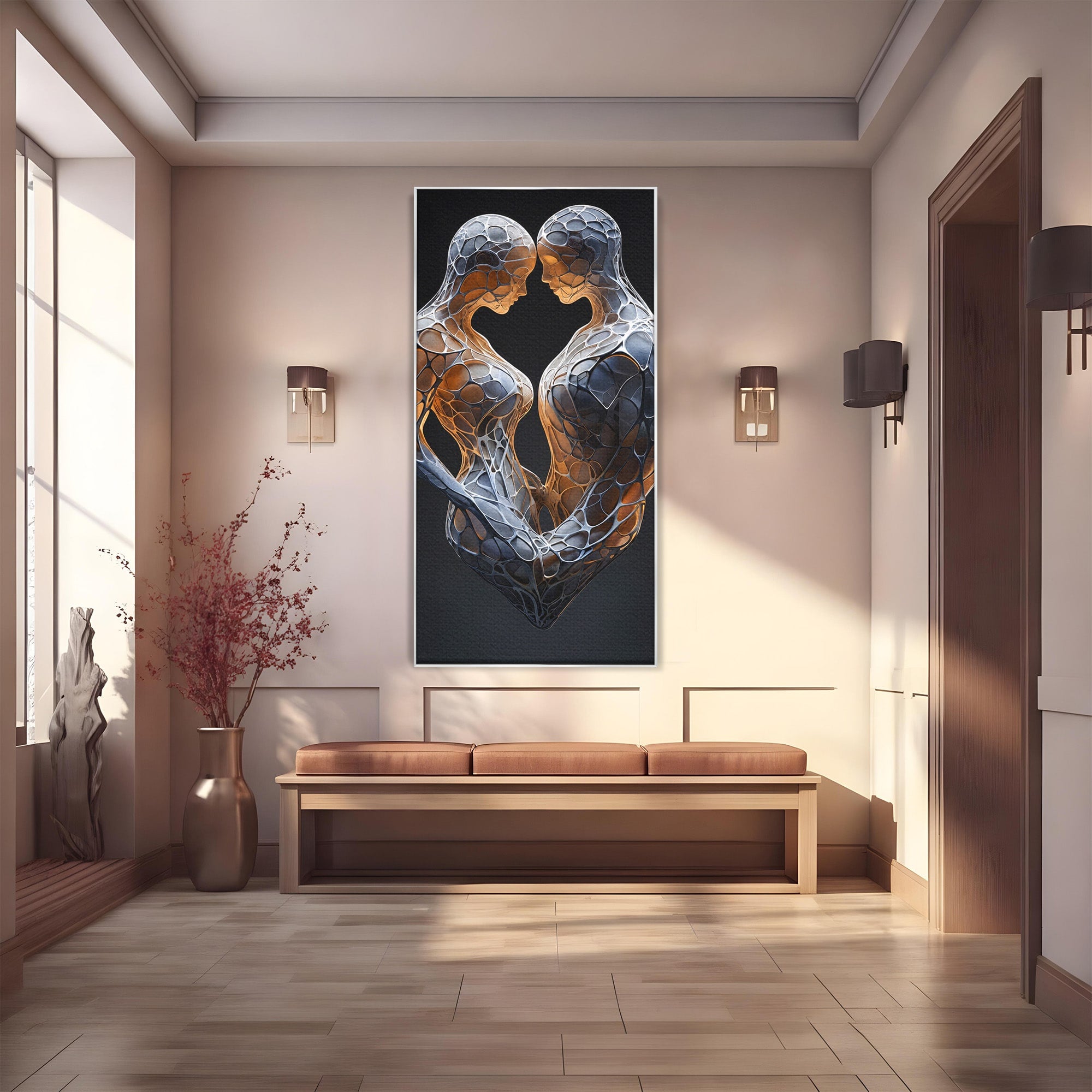 Tablou Canvas Premium LuxCanva® C1389, Imbratisare Abstracta, Cuplu, Abstract, Iubire, Sculptura, Dormitor, Living, Culori Vibrante