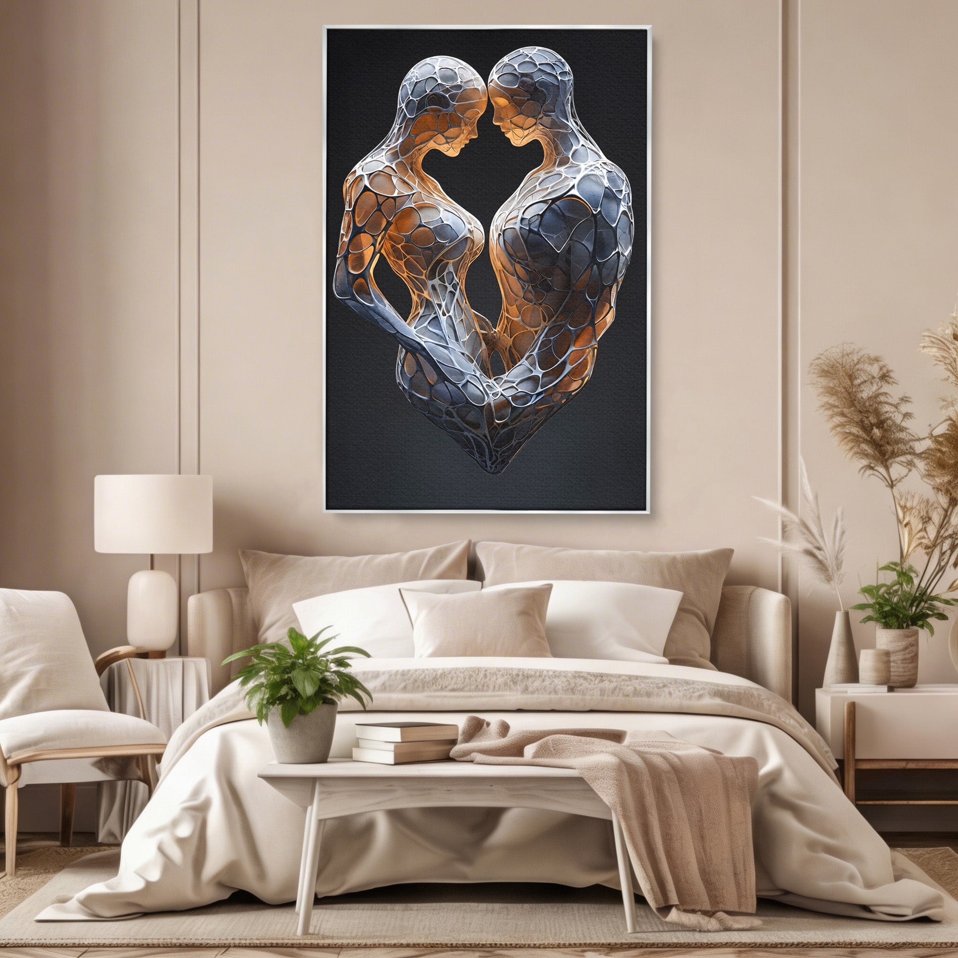 Tablou Canvas Premium LuxCanva® C1389, Imbratisare Abstracta, Cuplu, Abstract, Iubire, Sculptura, Dormitor, Living, Culori Vibrante