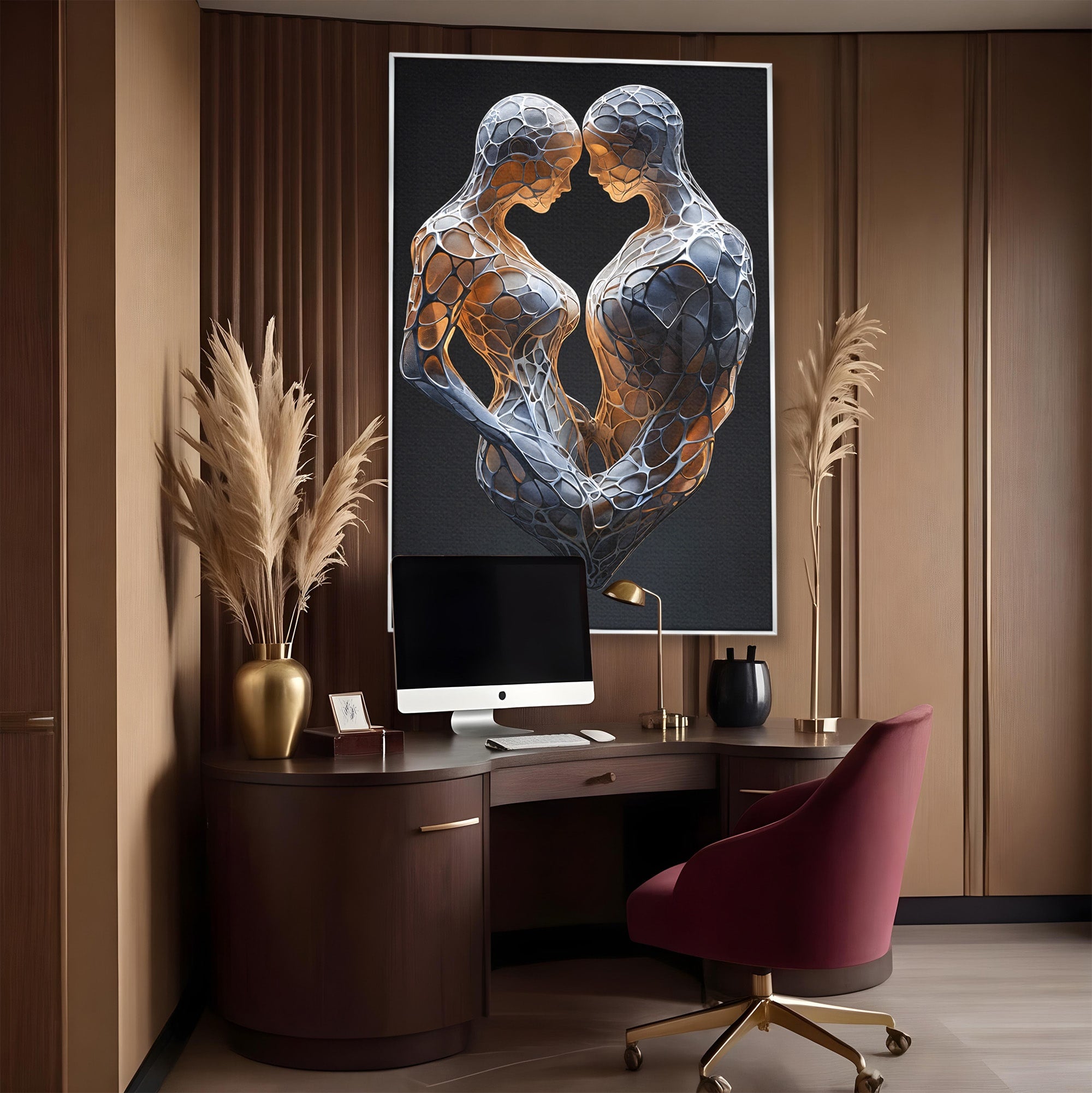 Tablou Canvas Premium LuxCanva® C1389, Imbratisare Abstracta, Cuplu, Abstract, Iubire, Sculptura, Dormitor, Living, Culori Vibrante