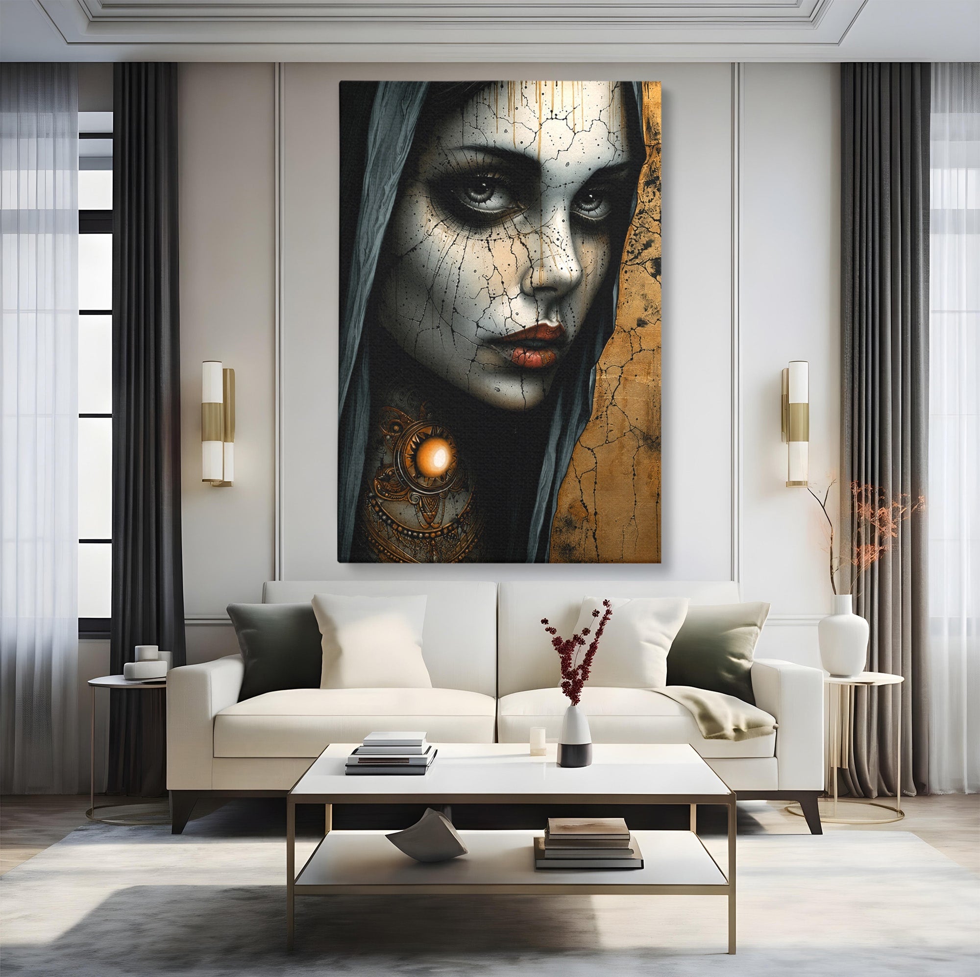 Tablou Canvas Premium LuxCanva® C1395, Portretul Femeii Misterioase, Portret, Femeie, Mister, Arta, Living, Dormitor, Culori Vibrante