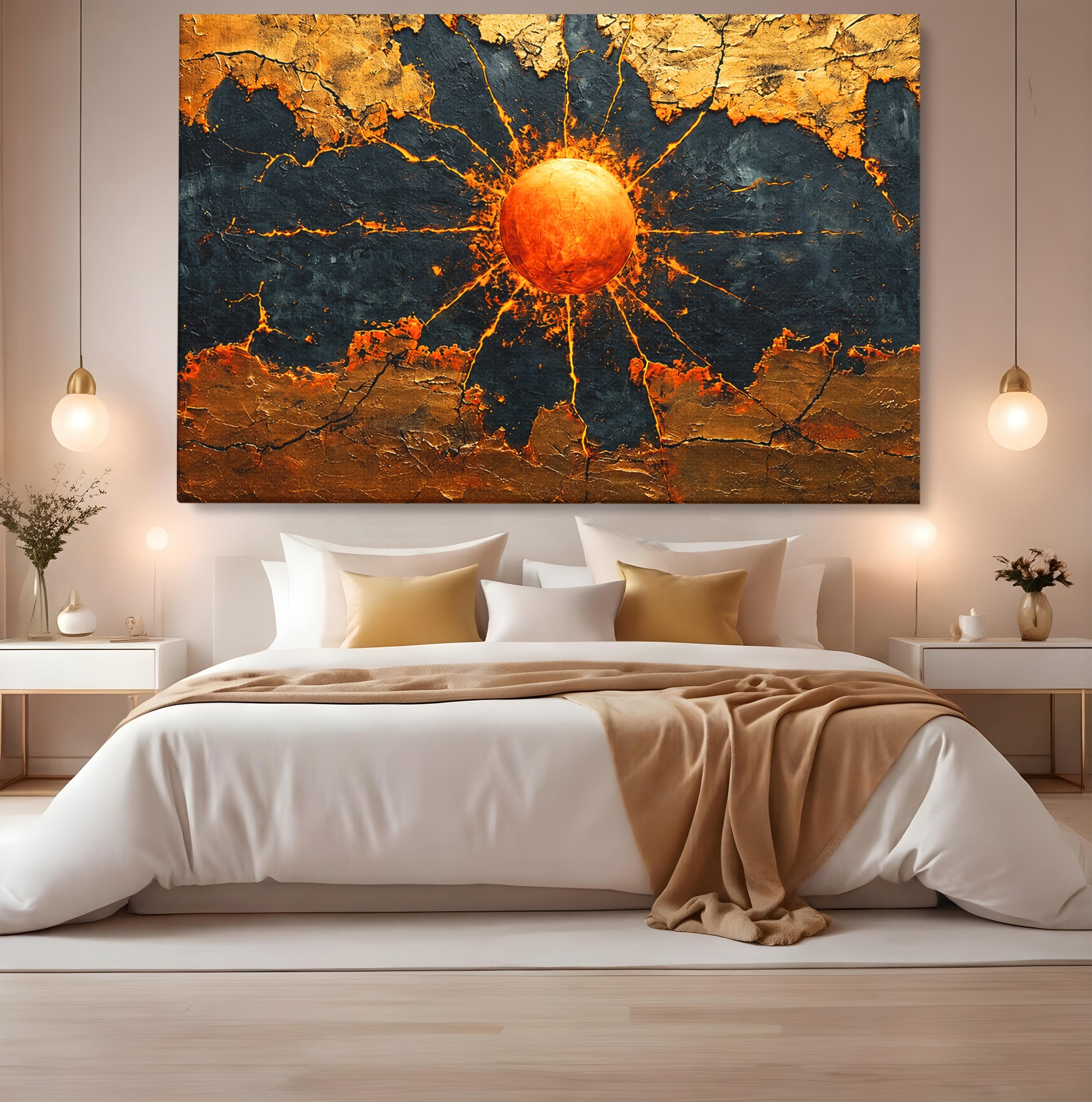 Tablou Canvas Premium LuxCanva® C1396, Soarele De Foc, Soare, Abstract, Energetic, Texturat, Living, Culori Vibrante