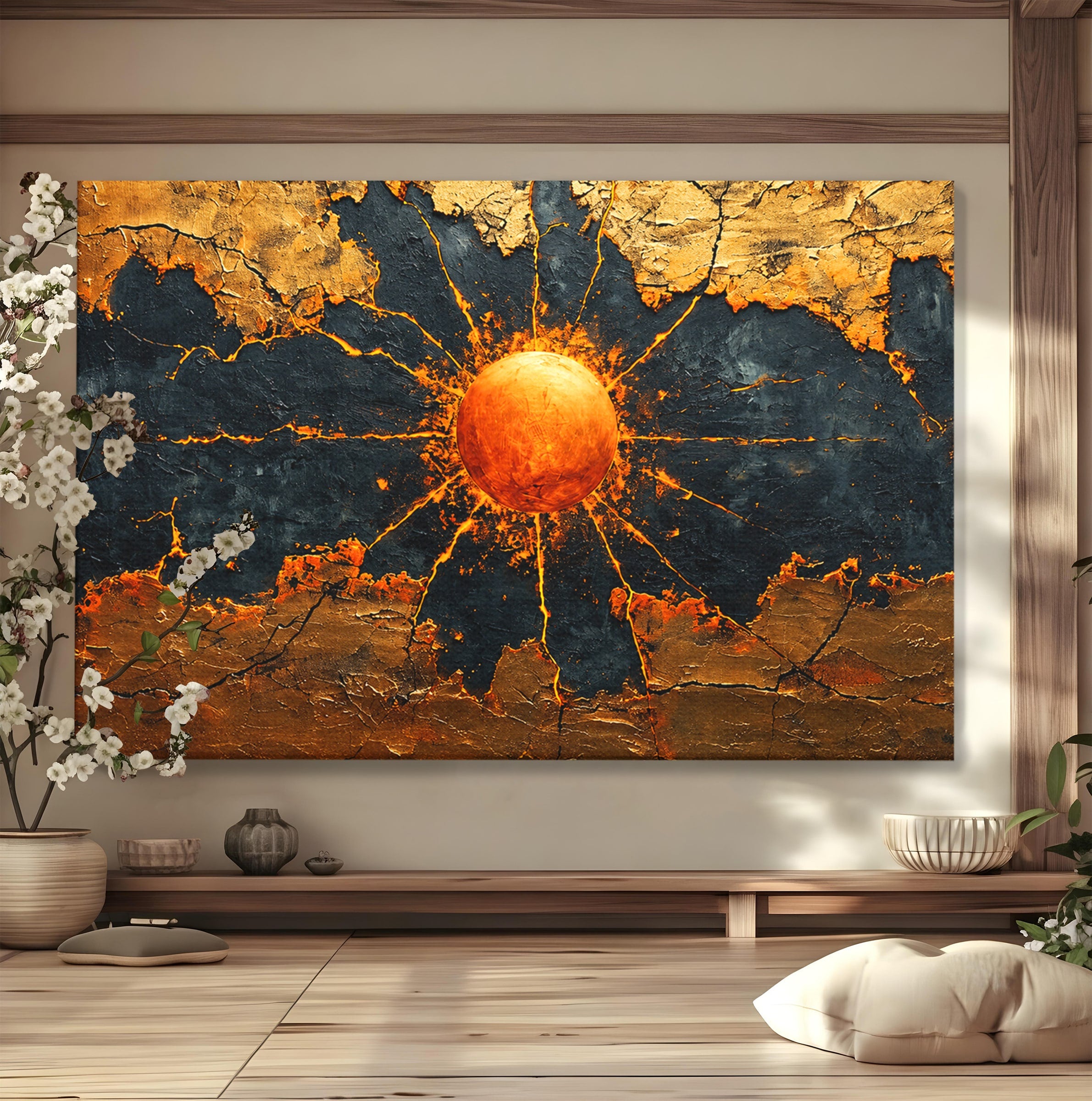 Tablou Canvas Premium LuxCanva® C1396, Soarele De Foc, Soare, Abstract, Energetic, Texturat, Living, Culori Vibrante