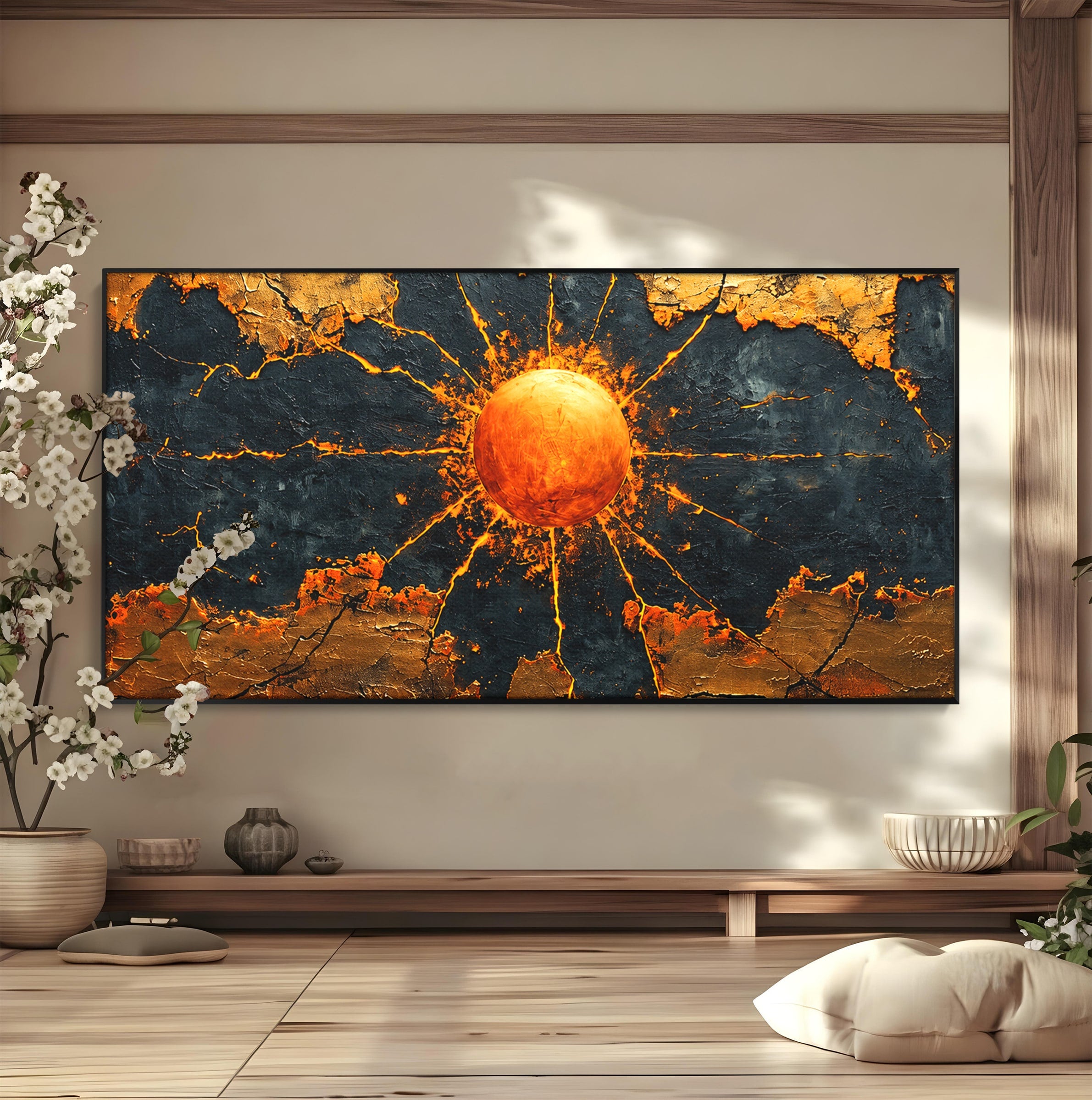 Tablou Canvas Premium LuxCanva® C1396, Soarele De Foc, Soare, Abstract, Energetic, Texturat, Living, Culori Vibrante