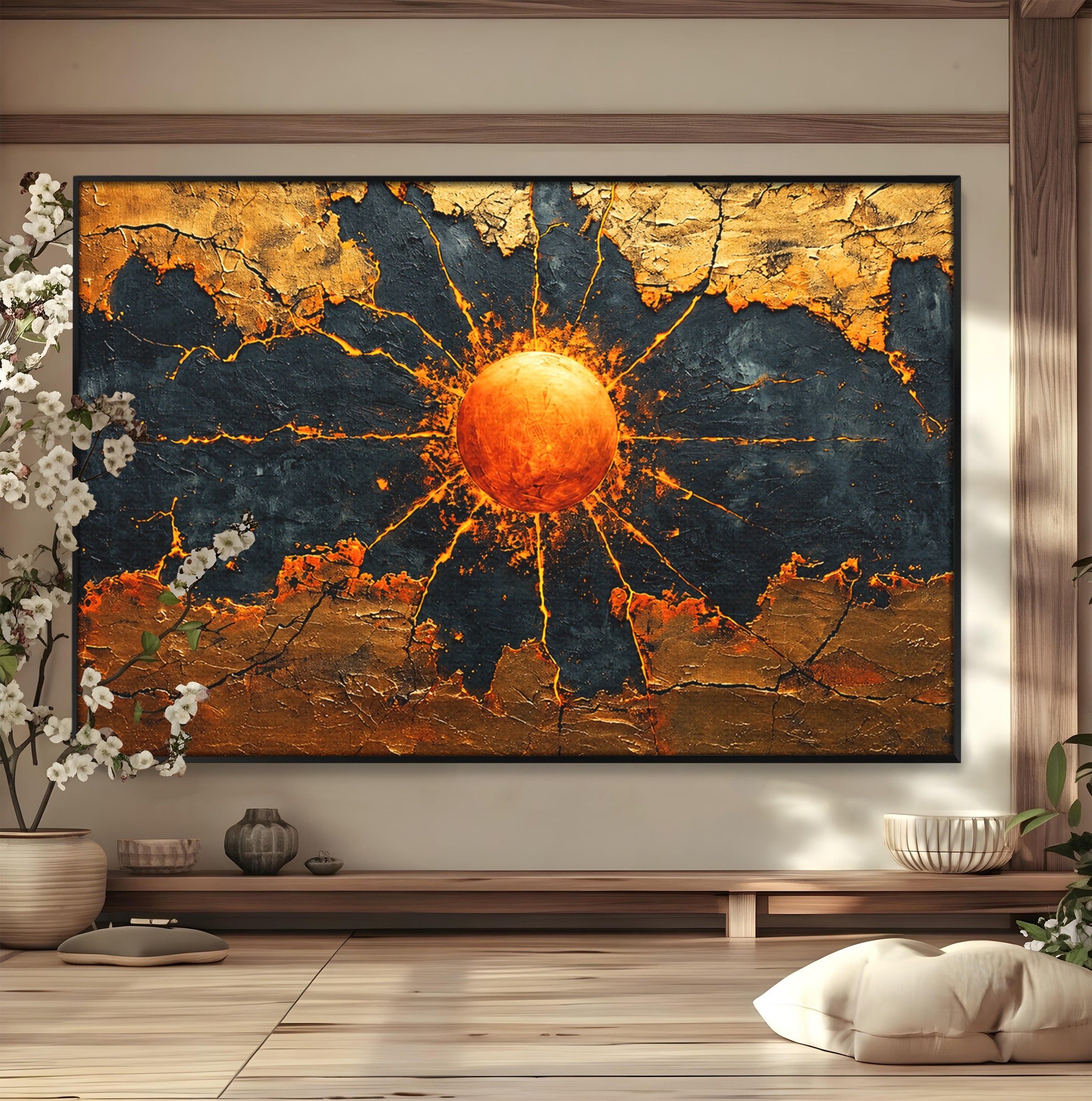 Tablou Canvas Premium LuxCanva® C1396, Soarele De Foc, Soare, Abstract, Energetic, Texturat, Living, Culori Vibrante