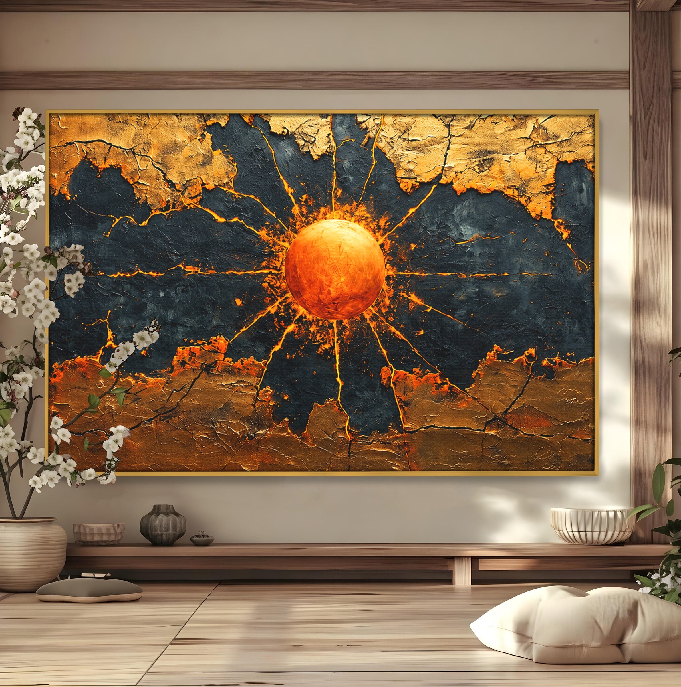 Tablou Canvas Premium LuxCanva® C1396, Soarele De Foc, Soare, Abstract, Energetic, Texturat, Living, Culori Vibrante