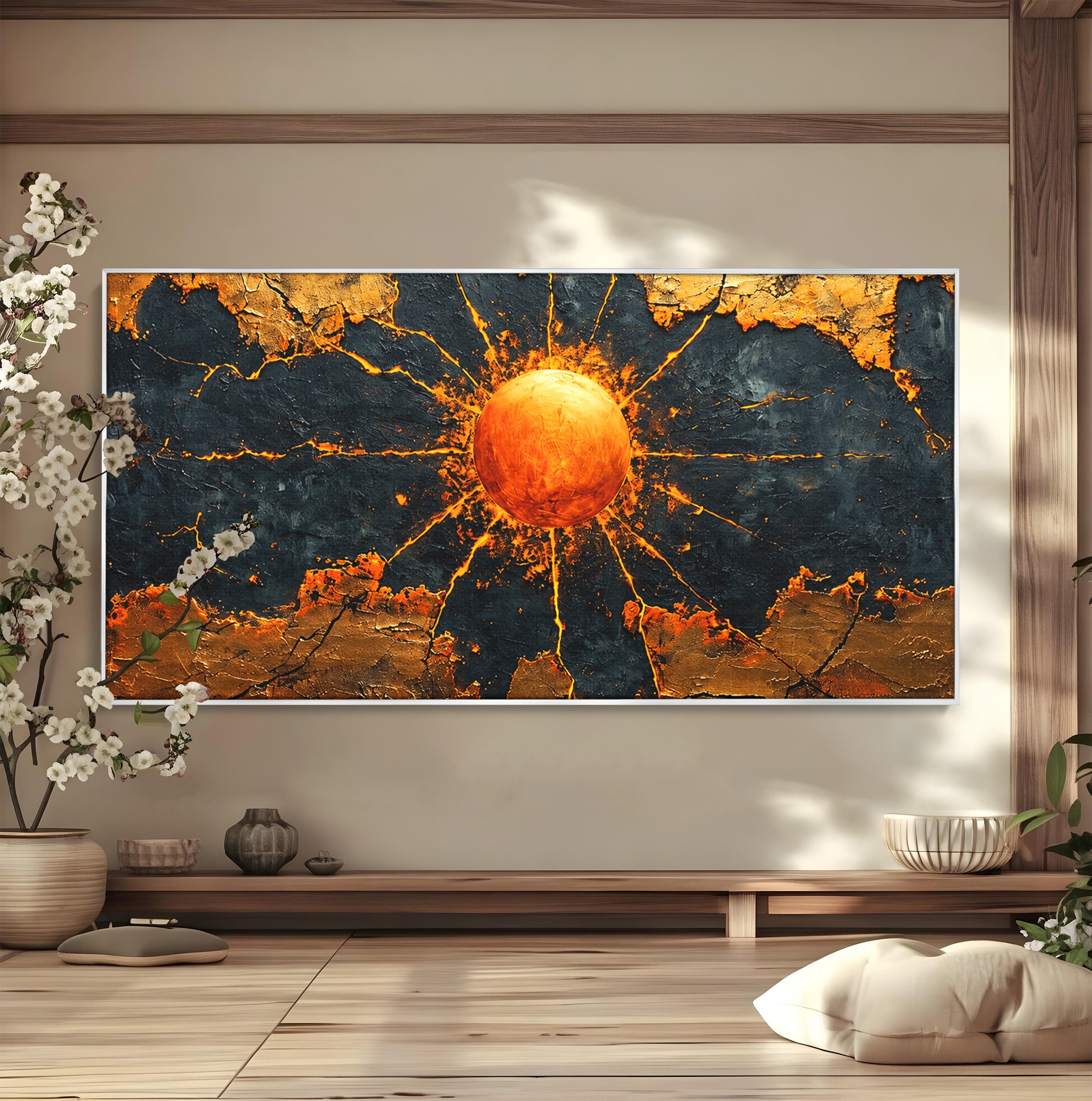 Tablou Canvas Premium LuxCanva® C1396, Soarele De Foc, Soare, Abstract, Energetic, Texturat, Living, Culori Vibrante