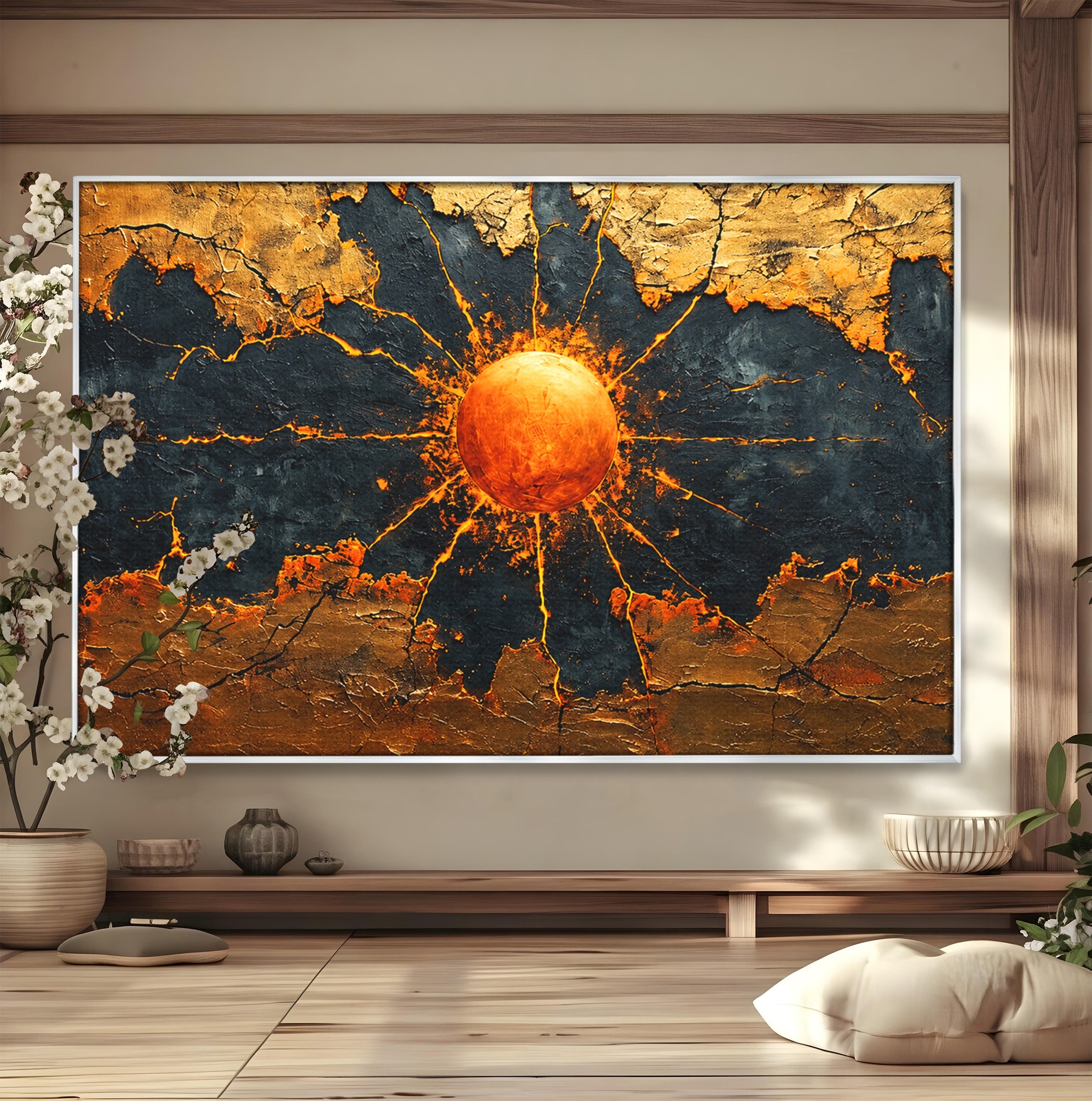 Tablou Canvas Premium LuxCanva® C1396, Soarele De Foc, Soare, Abstract, Energetic, Texturat, Living, Culori Vibrante